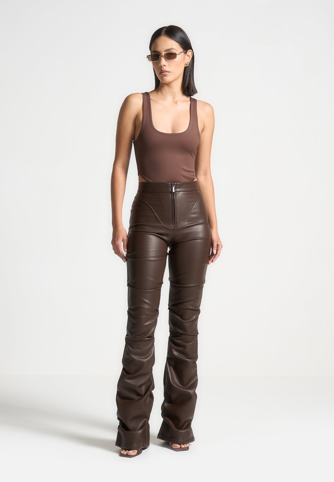 Vegan Leather Flared Trousers with Tacked Detailing & High Waist | Caroline