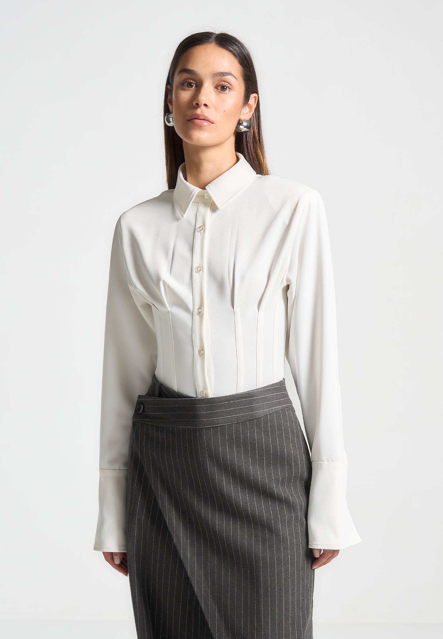 Off White Corset Shirt Bodysuit with Classic Collar & Shoulder Pads | Agnes