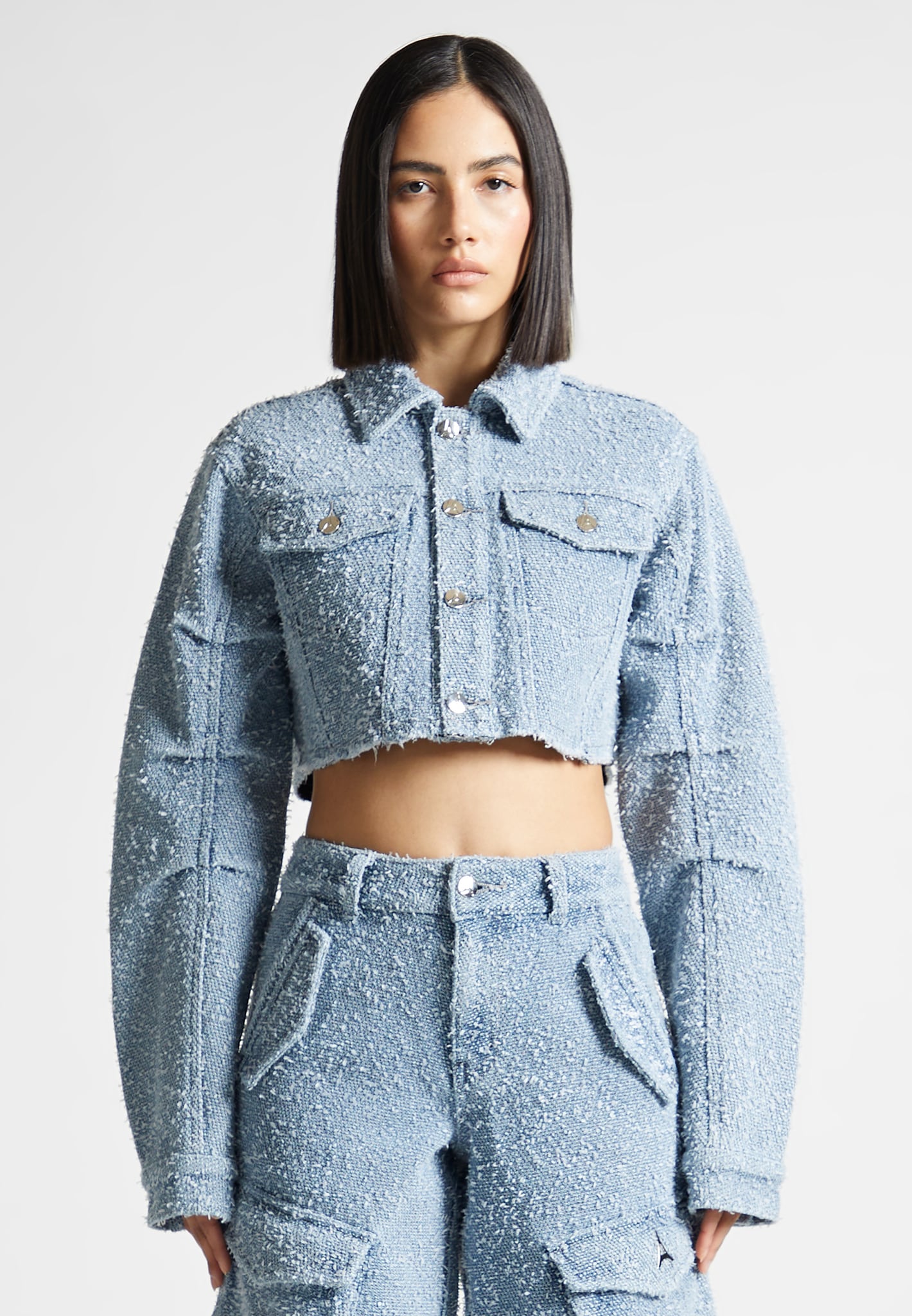 Cropped Boucle Denim Jacket with Pockets & Silver Hardware | Manière De Voir