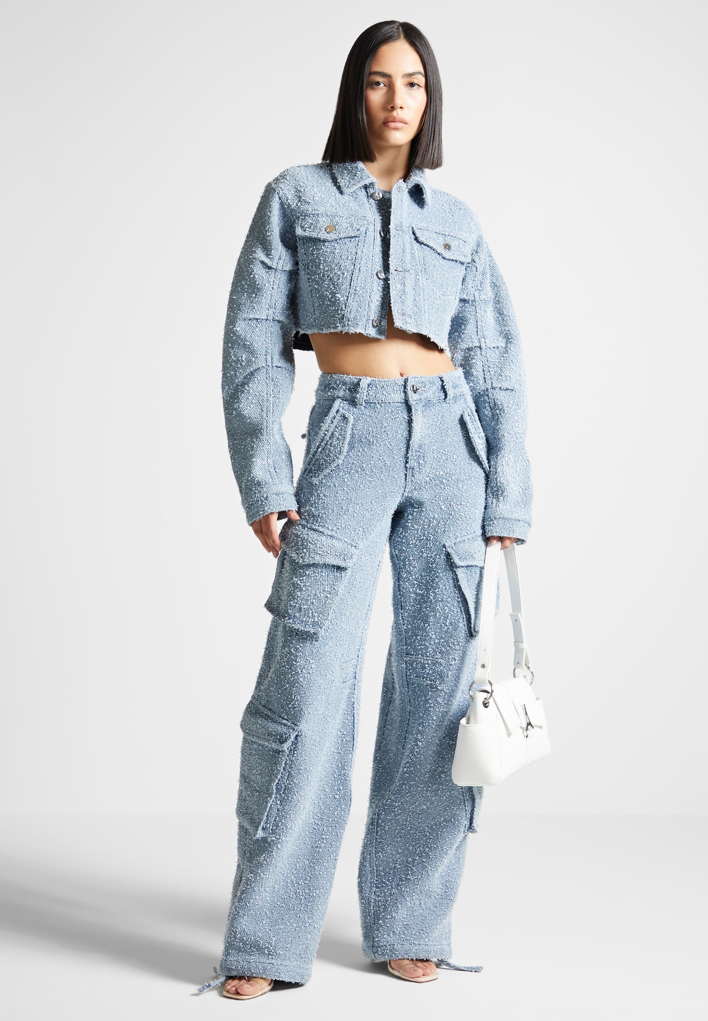 Cropped Boucle Denim Jacket with Pockets & Silver Hardware | Manière De Voir