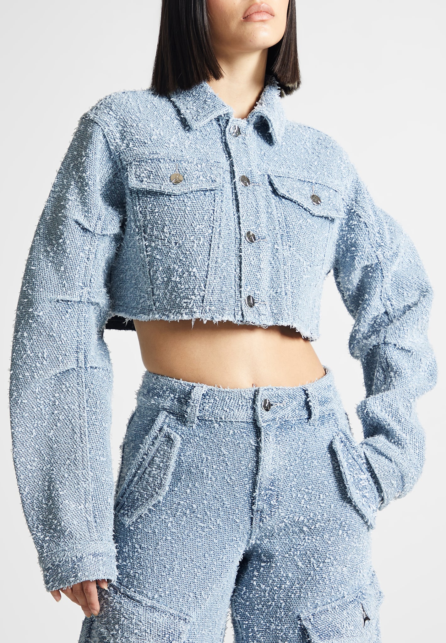 Cropped Boucle Denim Jacket with Pockets & Silver Hardware | Manière De Voir