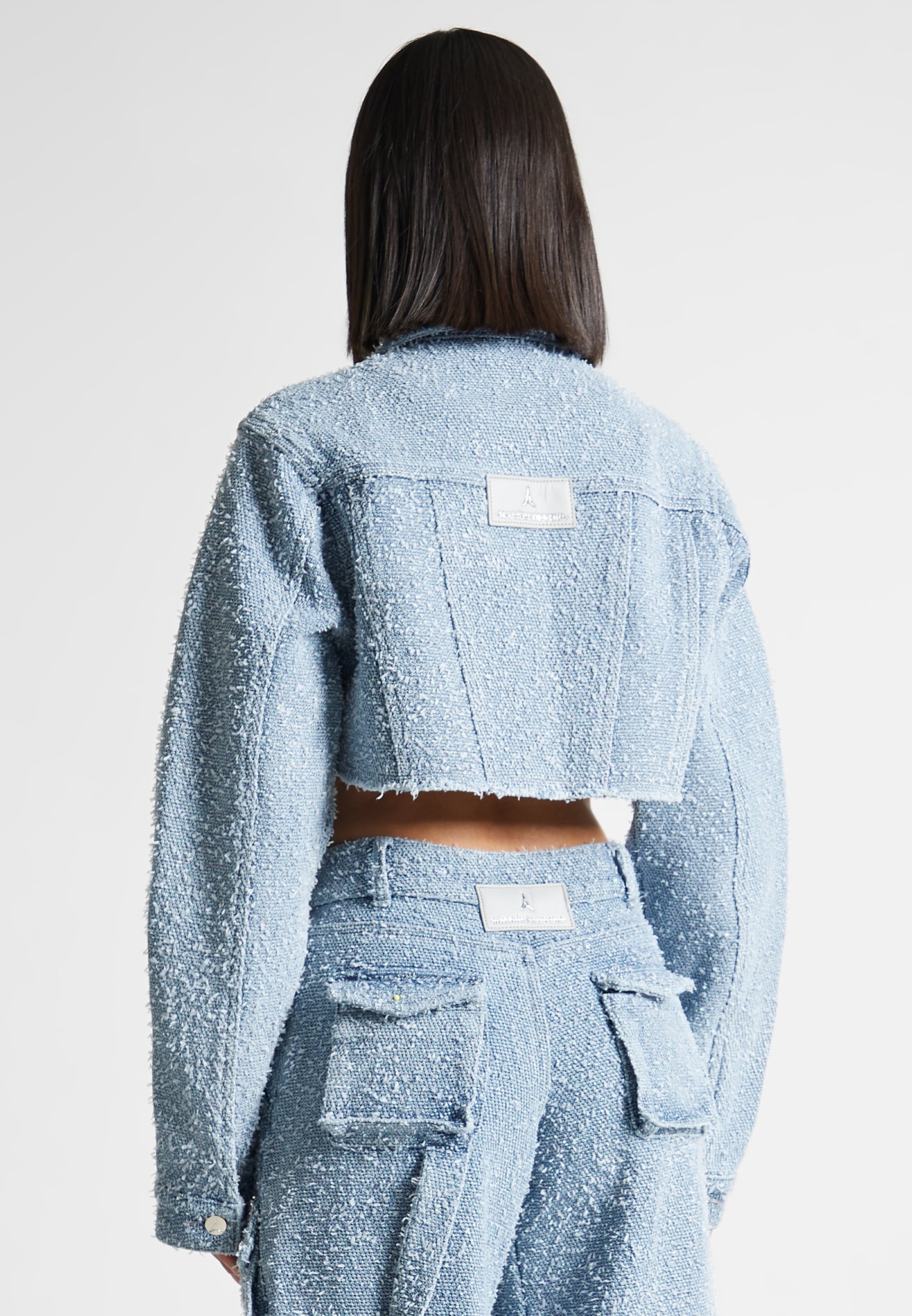 Cropped Boucle Denim Jacket with Pockets & Silver Hardware | Manière De Voir