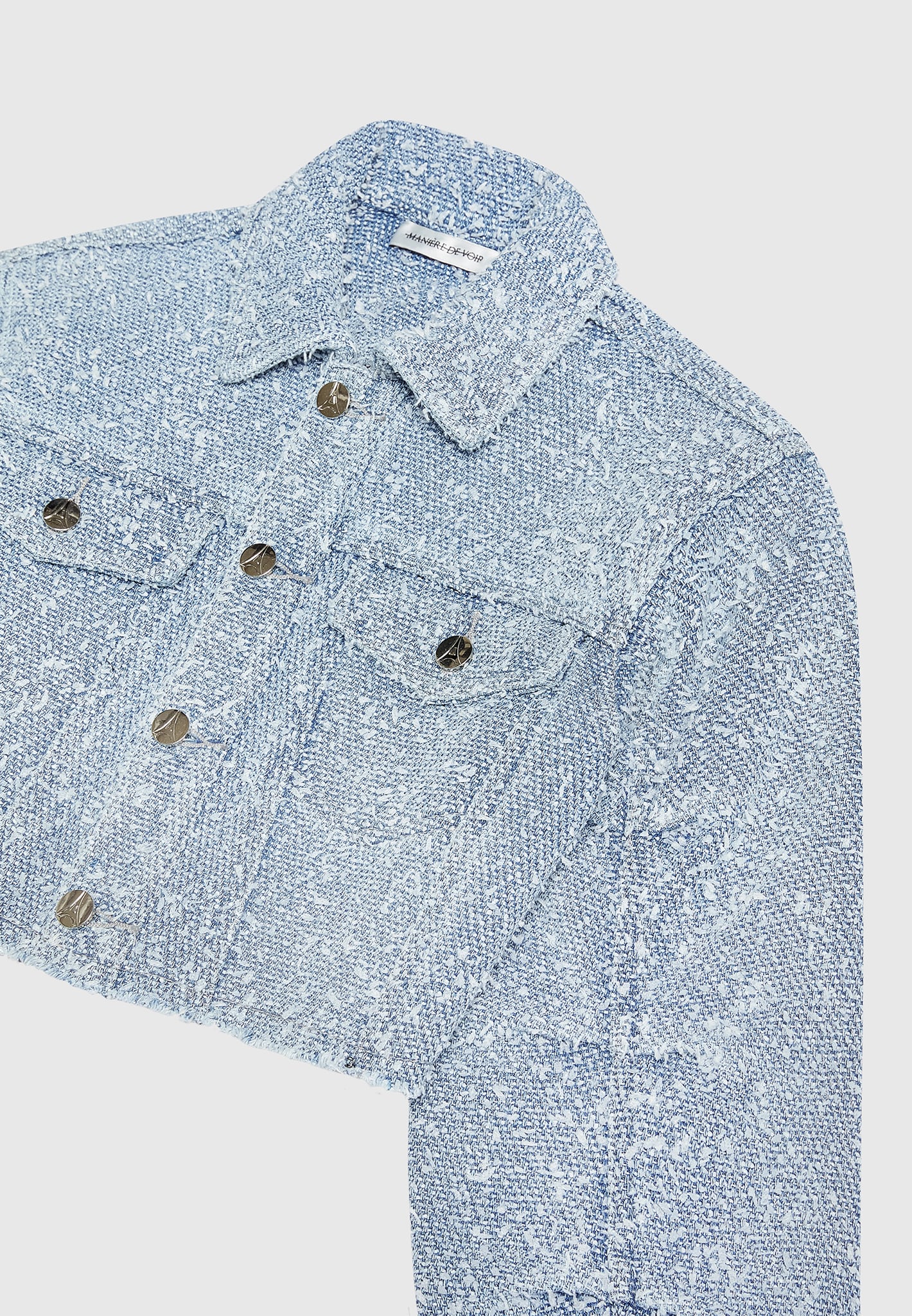 Cropped Boucle Denim Jacket with Pockets & Silver Hardware | Manière De Voir