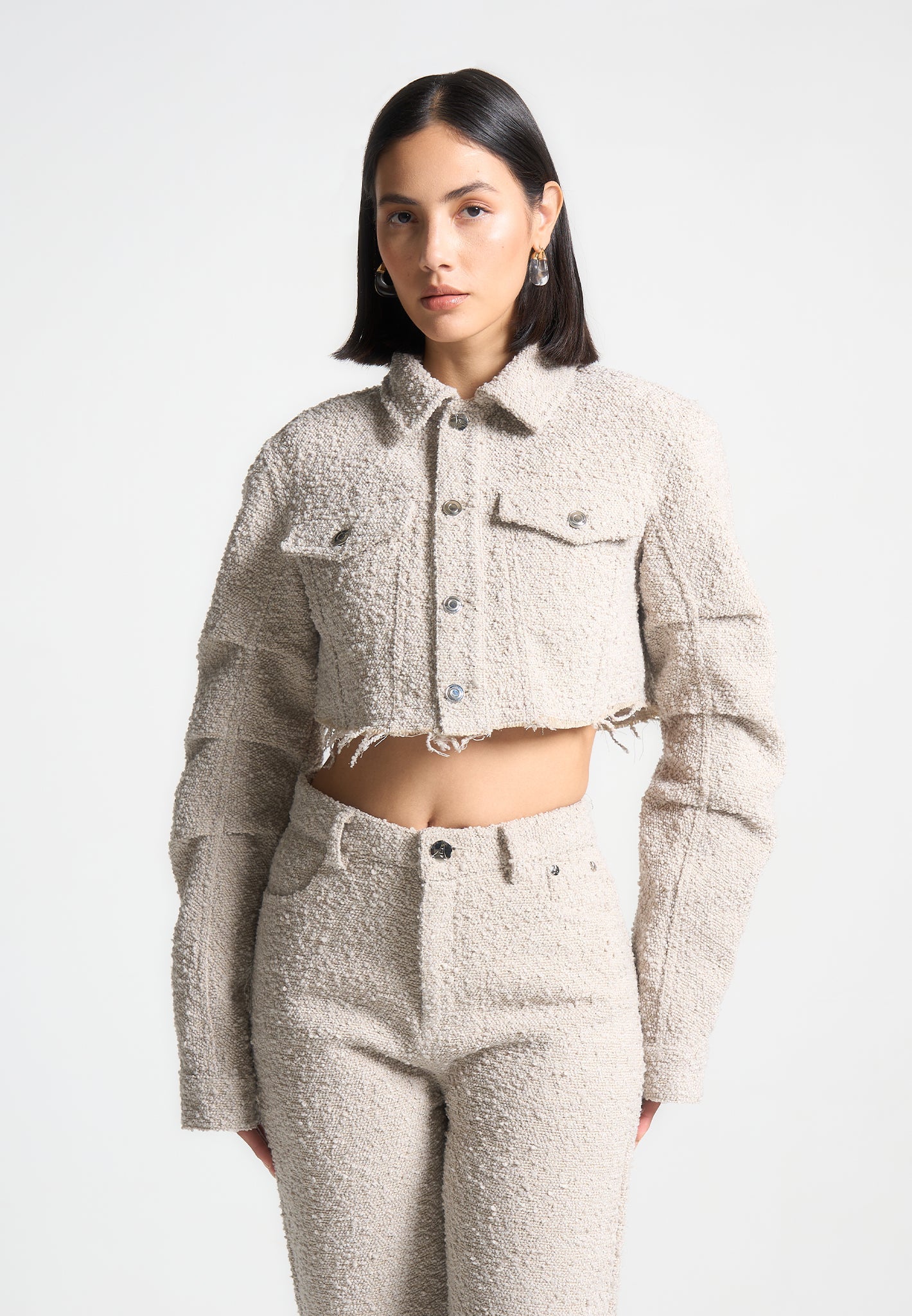 Beige Cropped Boucle Jacket with Distressed Hem & Pockets | Manière De Voir