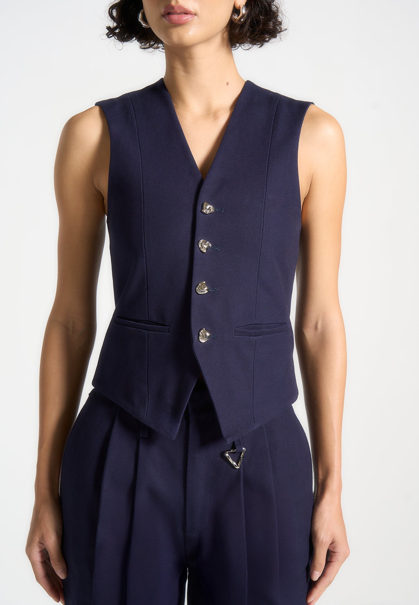 Gabardine Cinch Waistcoat with Waist Tie & Metal Buttons | Christine