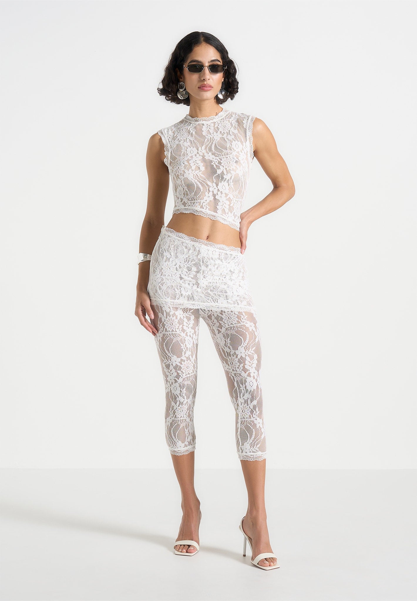 Lace Capri Leggings with Asymmetric Waistband | Aimée White