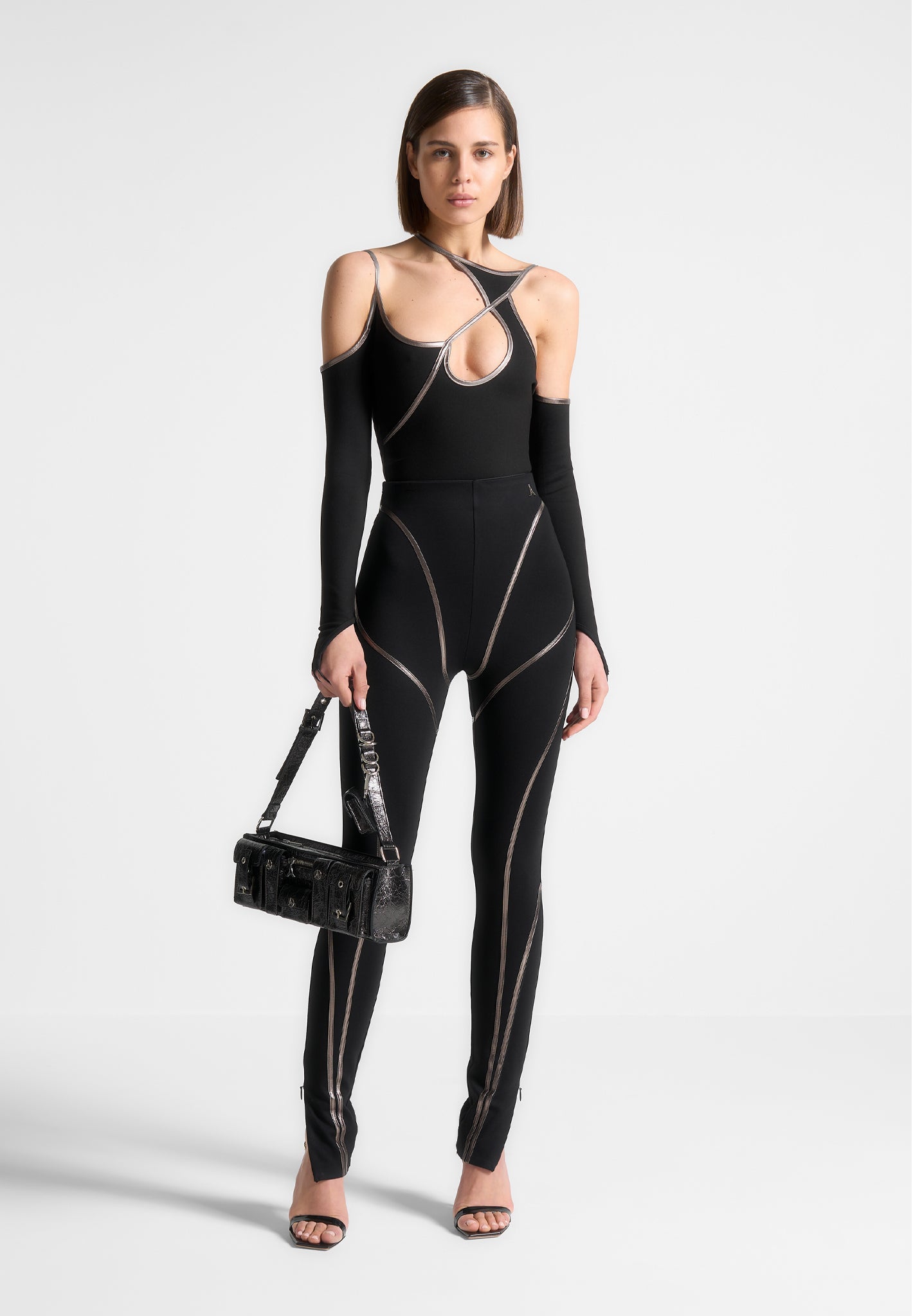 Black Chrome Piped Contour Bodysuit with Asymmetric Neckline | Manière De Voir