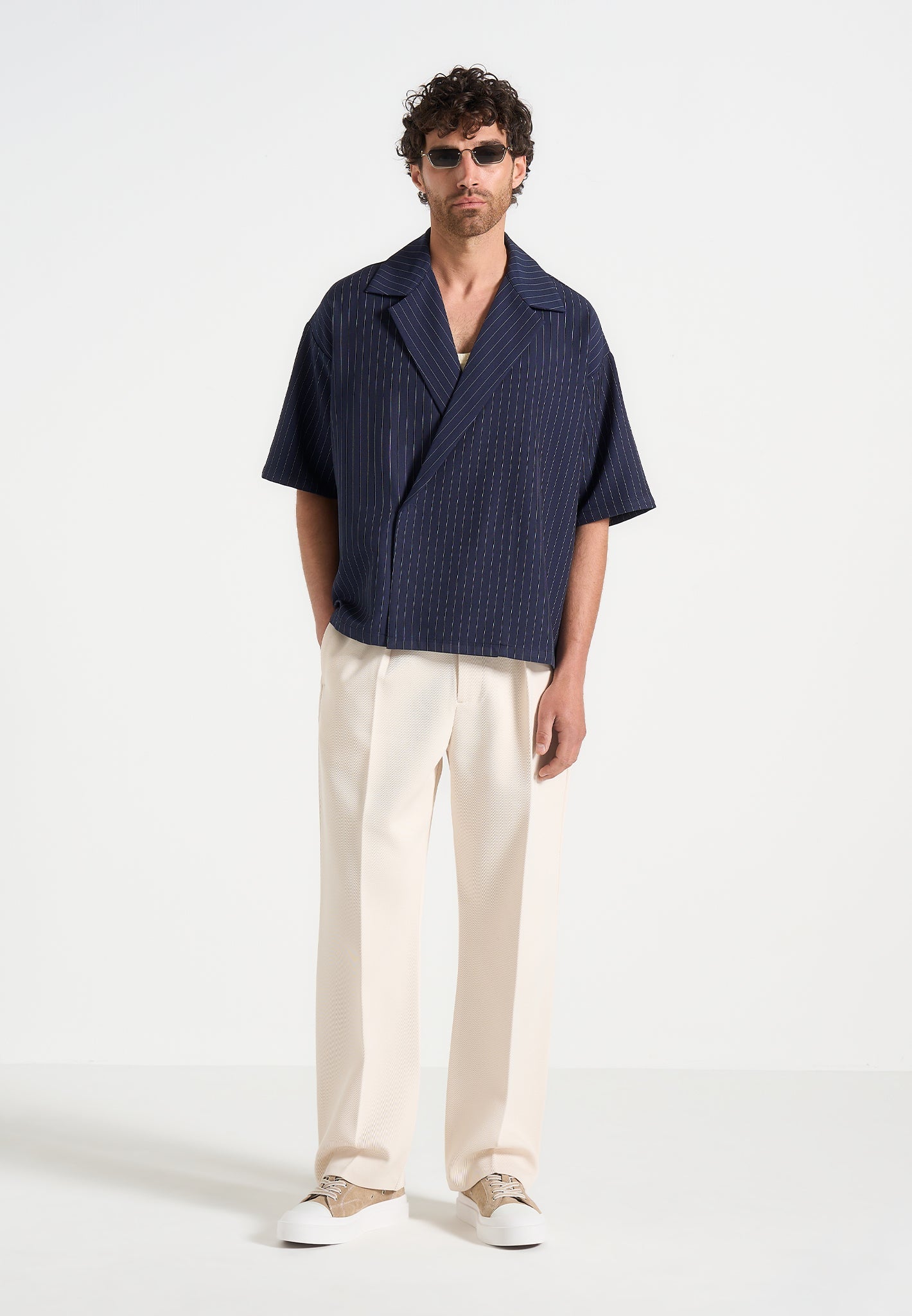 Double Breasted Boxy Shirt in Navy Pinstripe | Abel