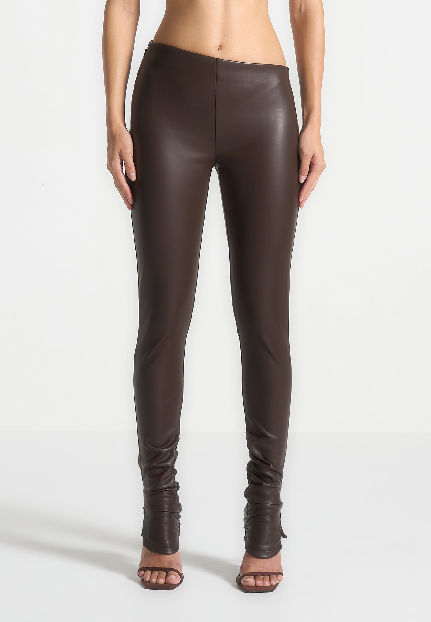 Vegan Leather Leggings with Asymmetric Waistband & Ruching | Clara