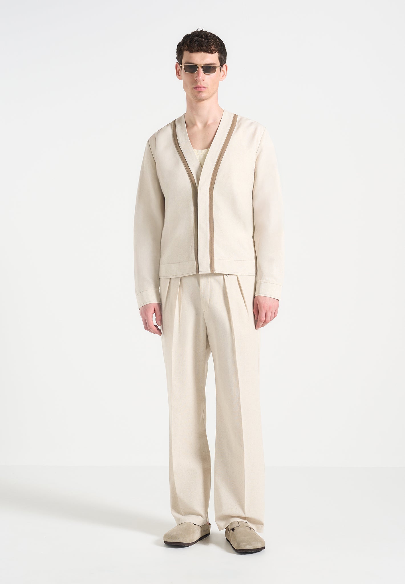 Linen Cardigan with Contrast Placket & Concealed Buttons | Alain