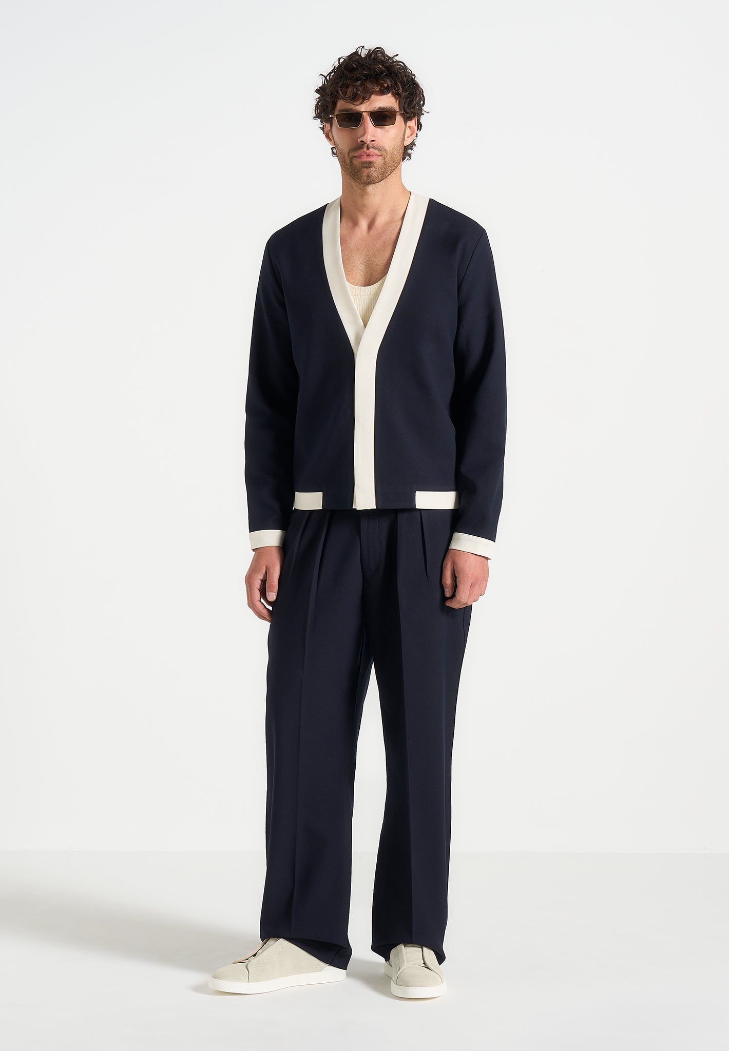 Tailored Navy & White Cardigan with Contrast Placket | Manière De Voir