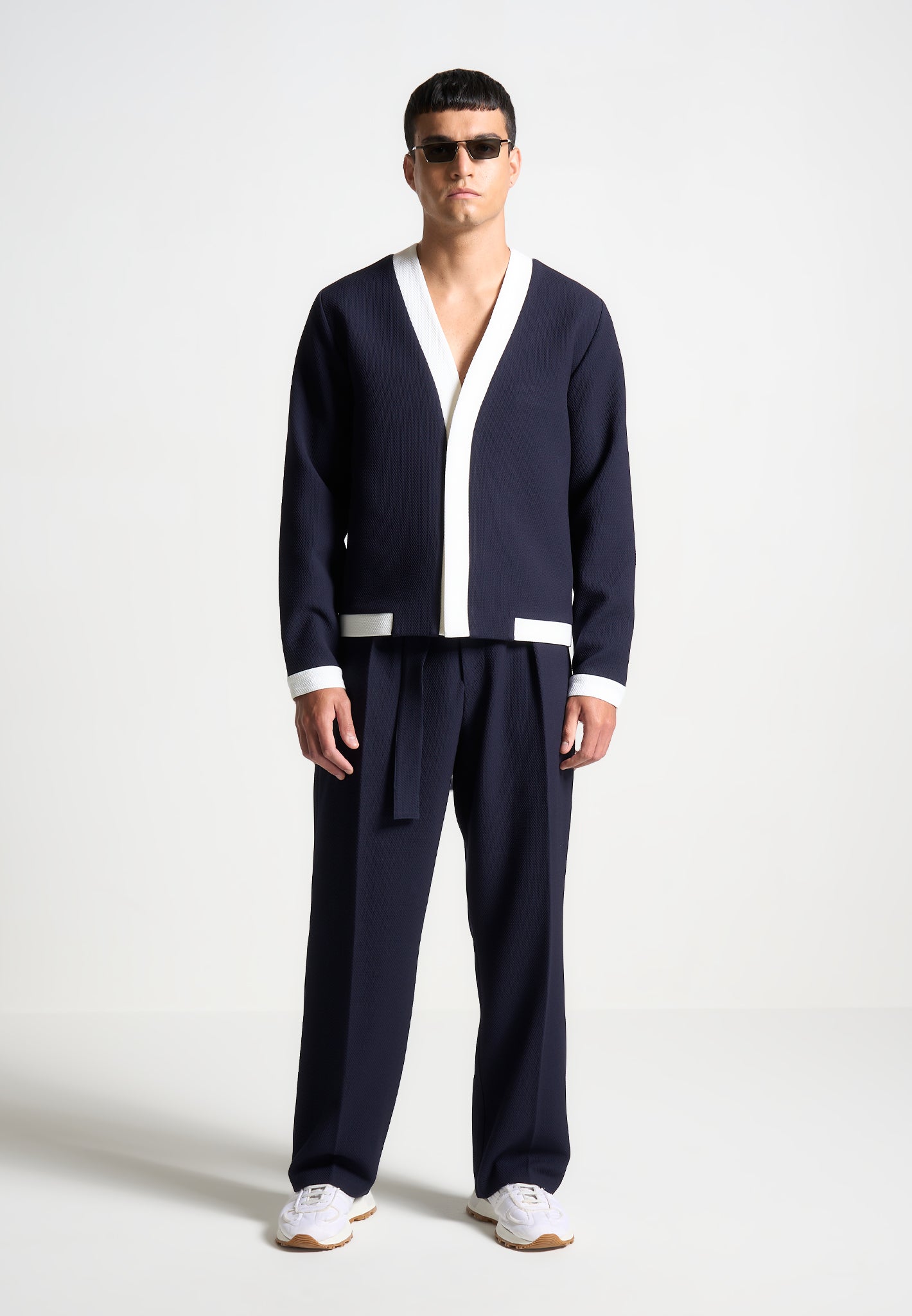 Textured Contrast Cardigan for Men | Navy/White | Clovis