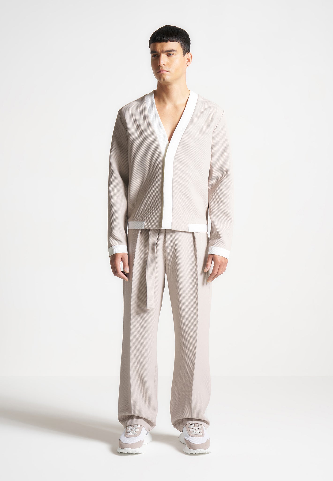 Textured Contrast Cardigan for Men & Women | Stone/White | Clovis