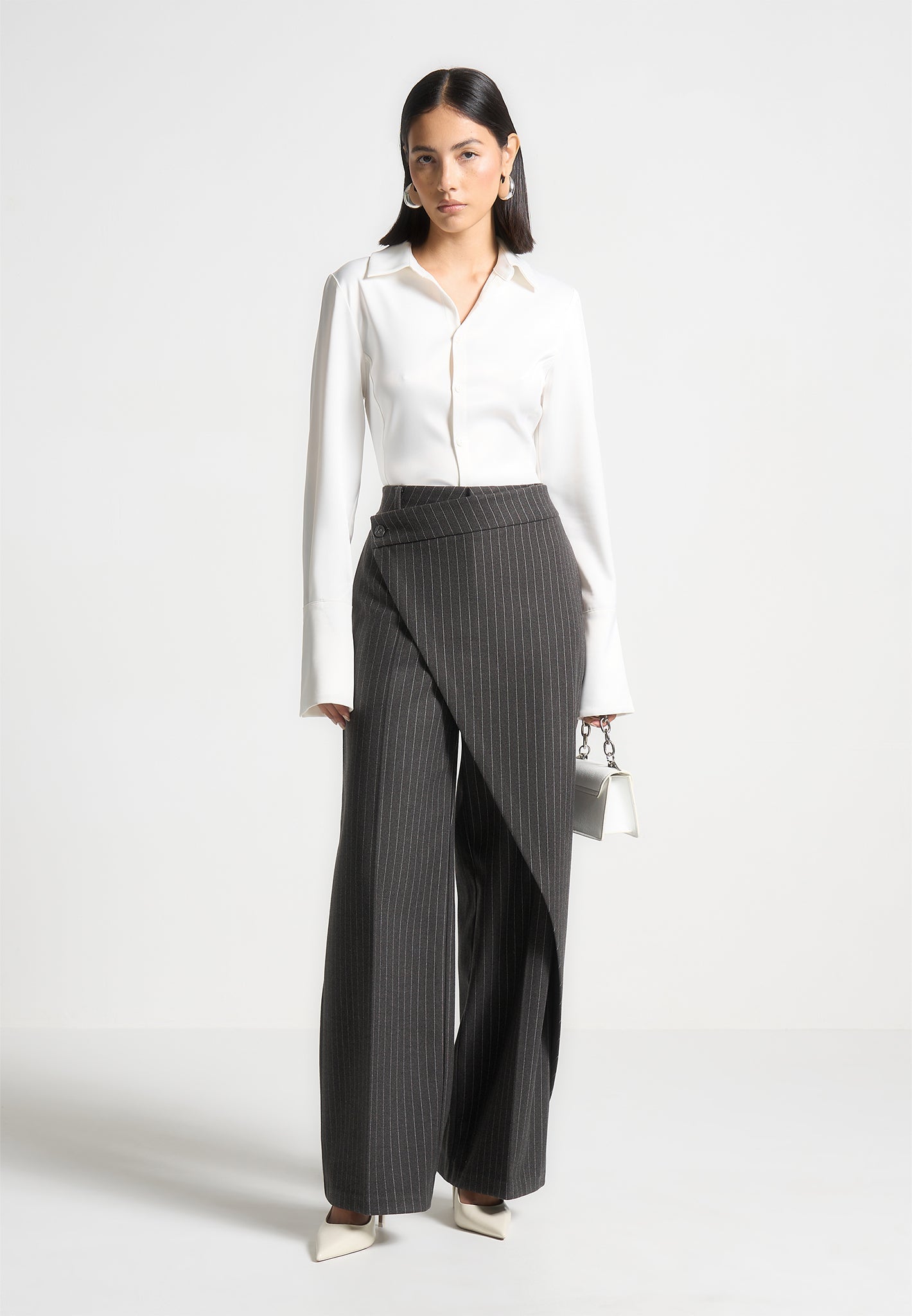 Wool Pinstripe Wrap Trousers for Women | Wide Leg & Elegant Design