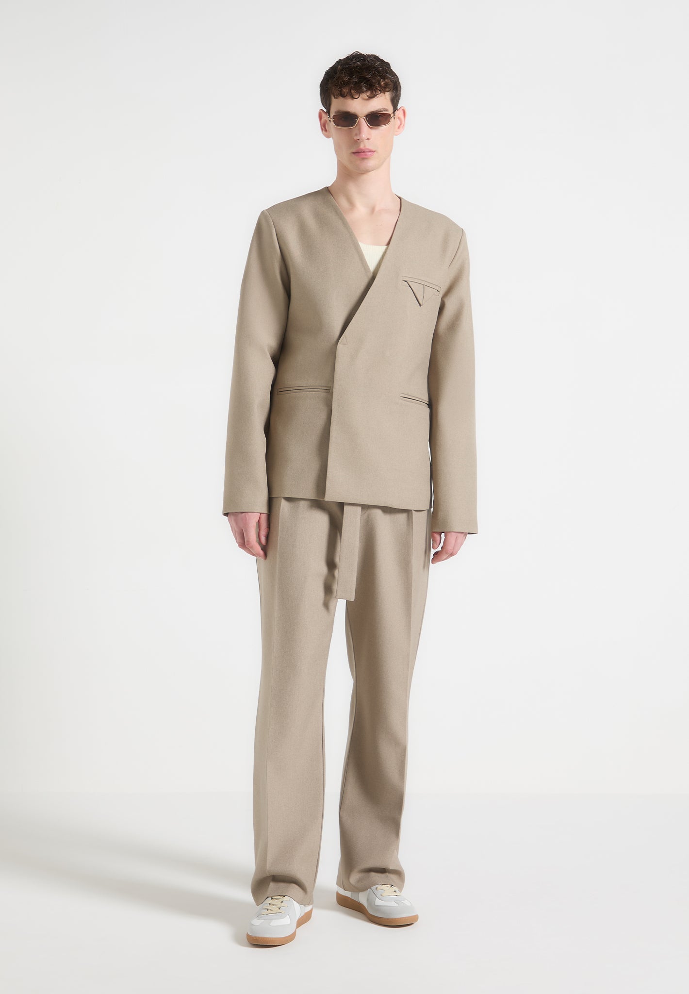 Collarless Double Breasted Blazer for Men | Minimalist Beige Jacket