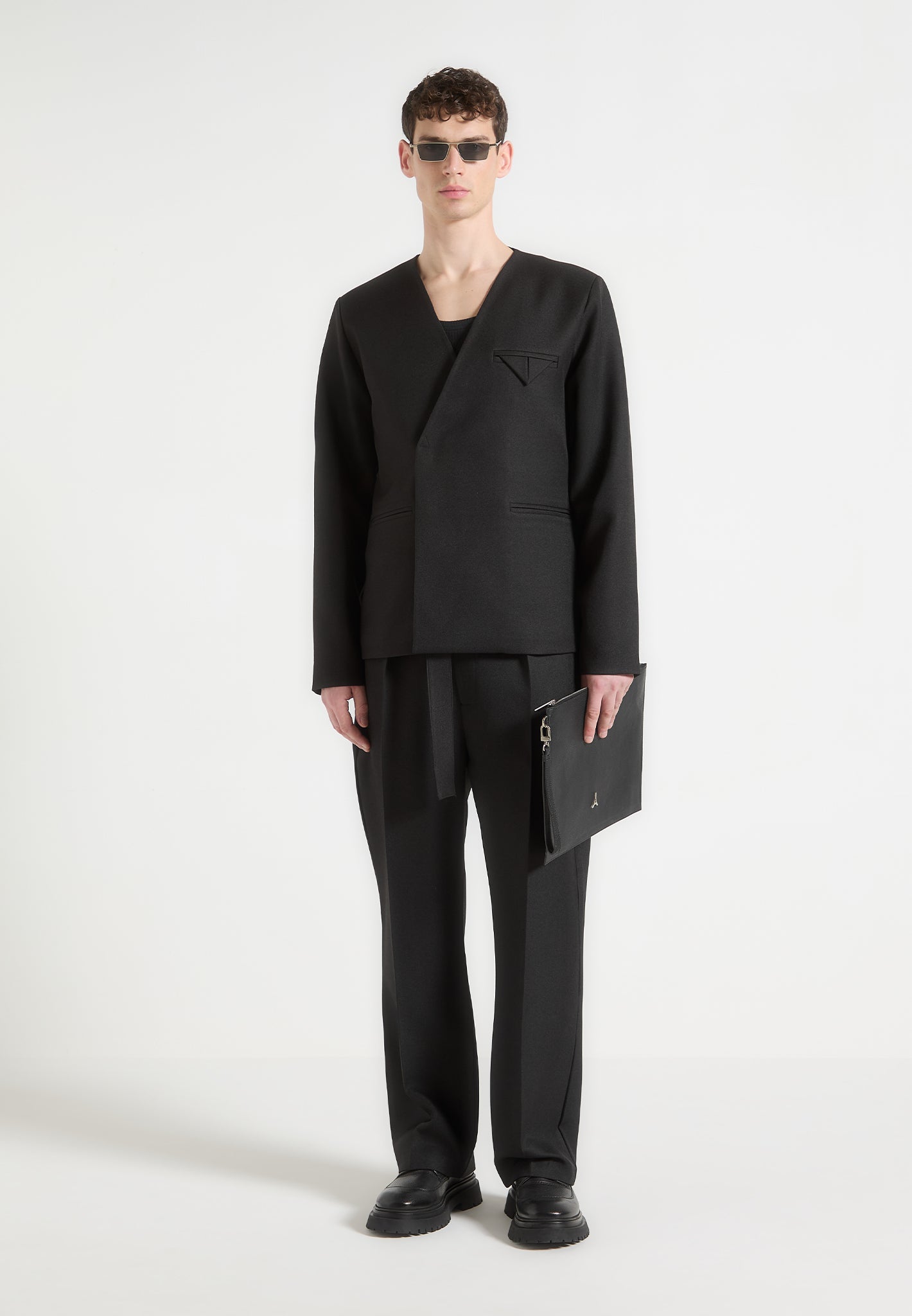 Collarless Double Breasted Minimal Blazer - Black | Colin