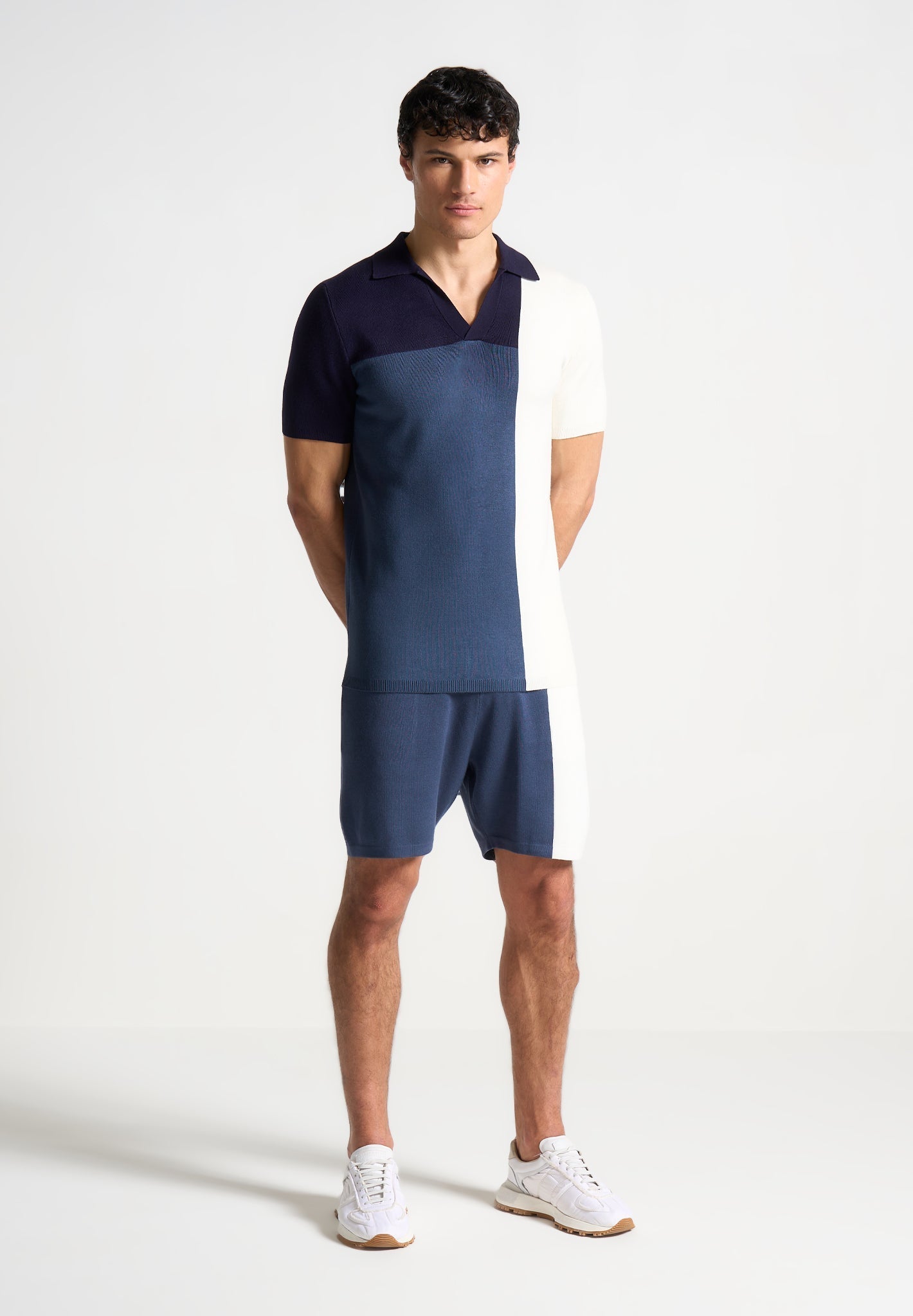 Color Block Knit Polo Shirt with Revere Collar | Navy & Steel Blue