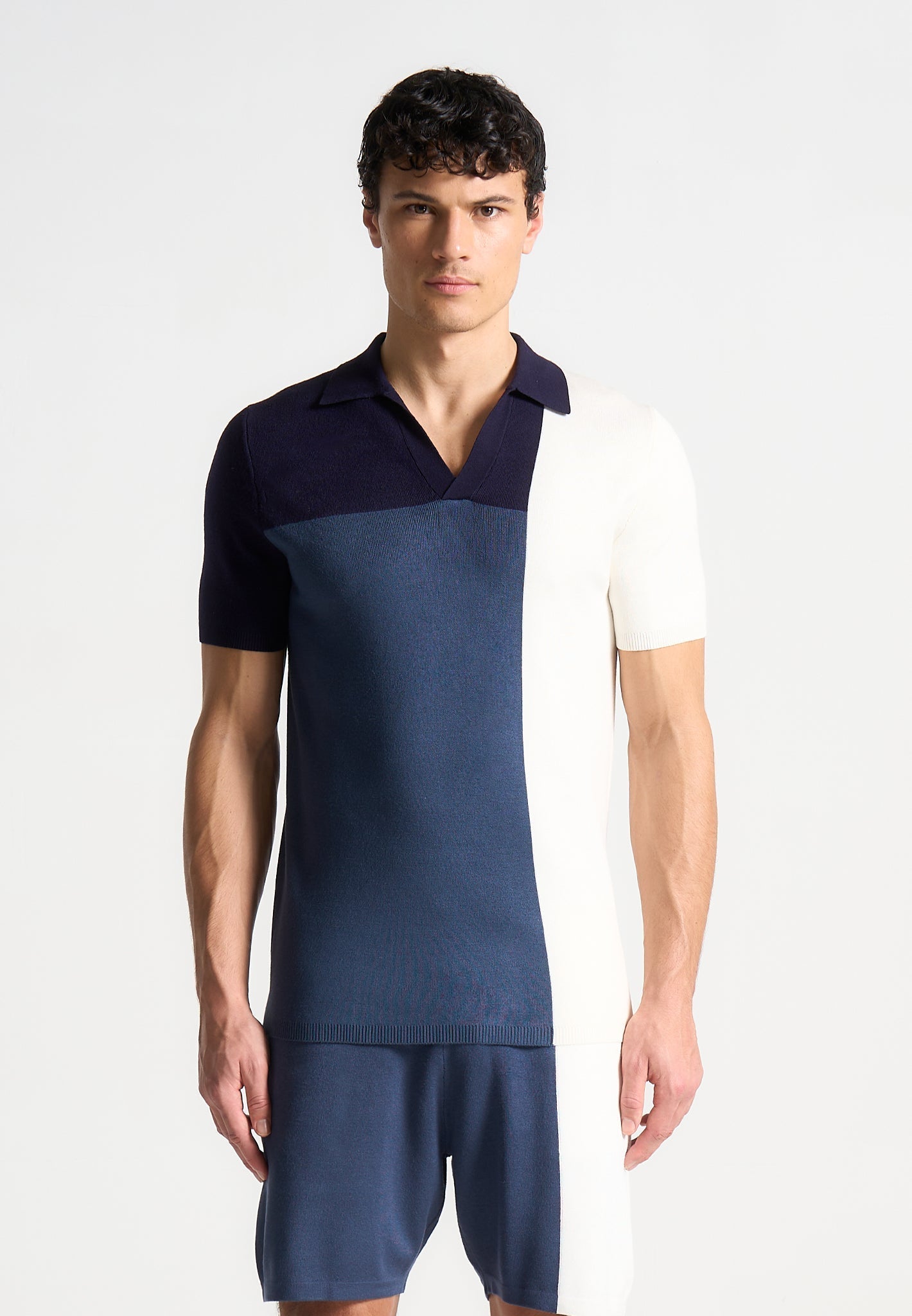 Color Block Knit Polo Shirt with Revere Collar | Navy & Steel Blue