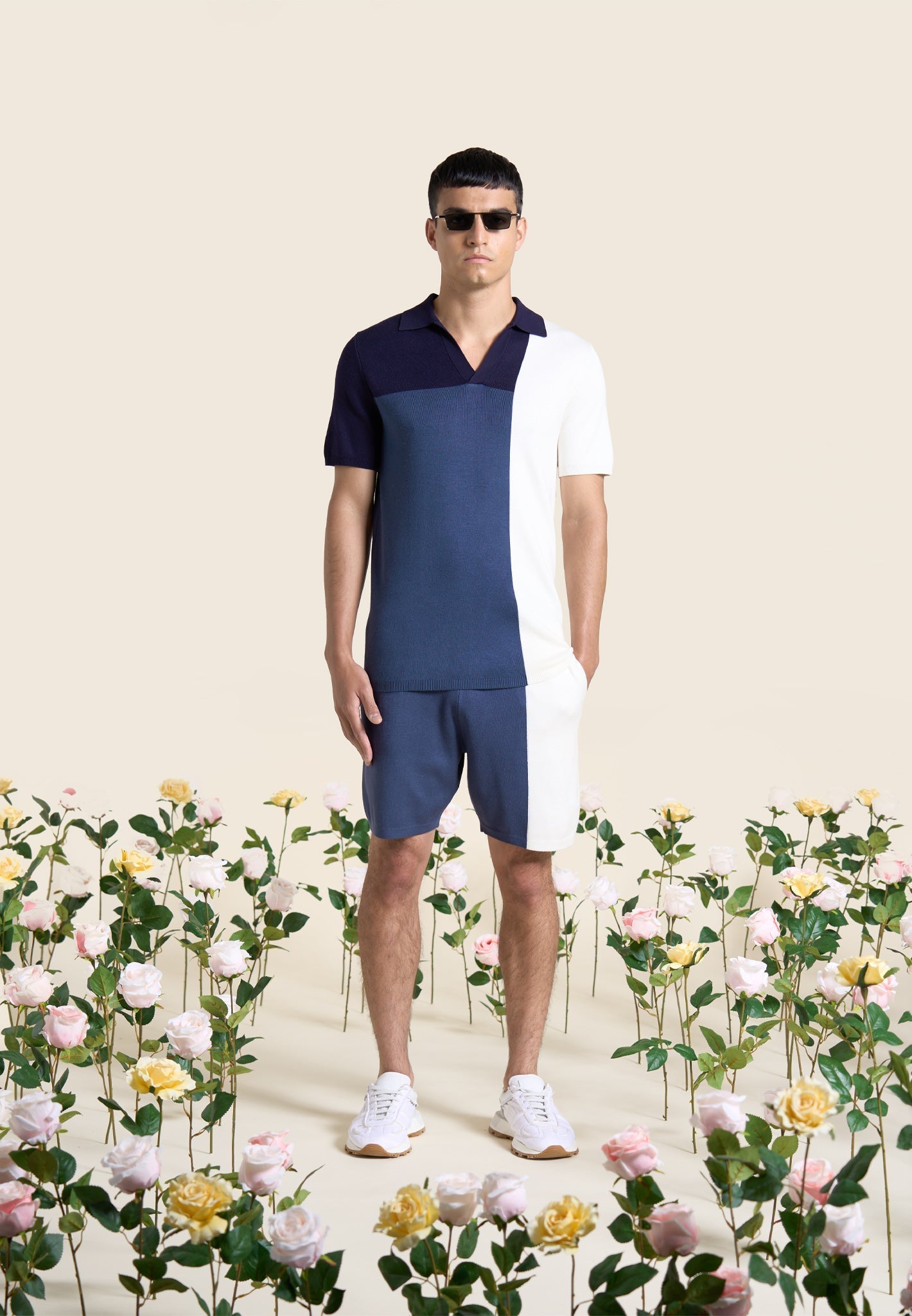 Color Block Knit Polo Shirt with Revere Collar | Navy & Steel Blue
