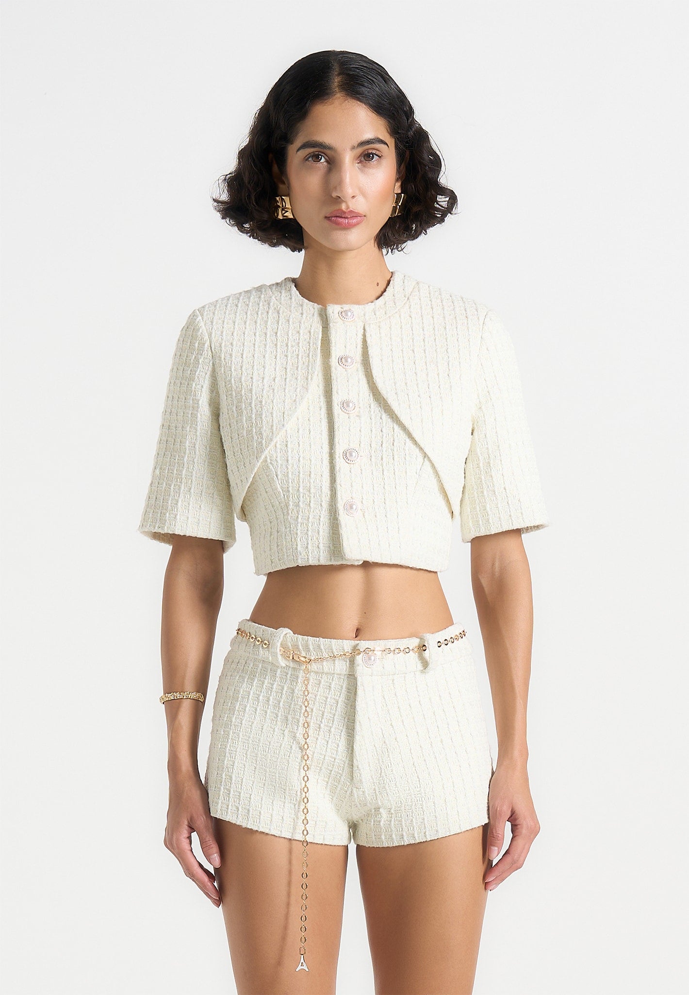 Tweed Mock Neck Top with Pearl Buttons & Curve Detailing | Alba