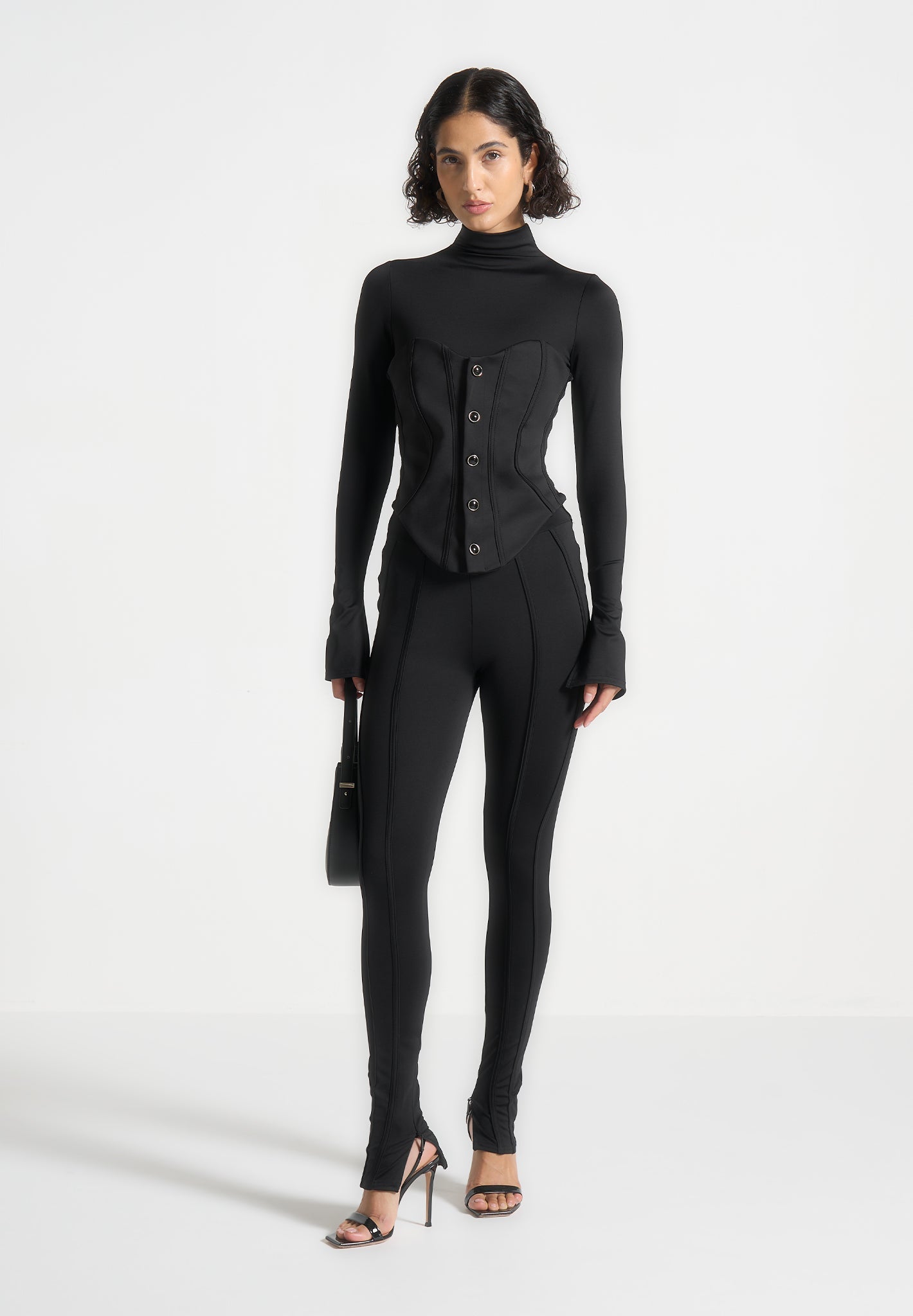 Black Contour Jumpsuit with Buttoned Corset | Flattering Fit