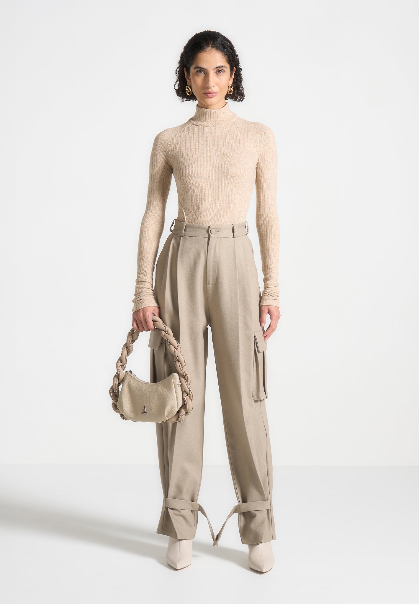 Ribbed Bodysuit with Contour Piping & High Neck | Beige