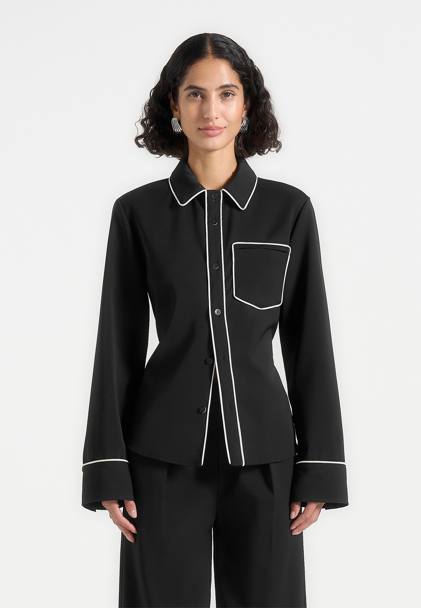 Black & White Backless Tie Shirt with Contrast Piping | Elegant Cropped Top