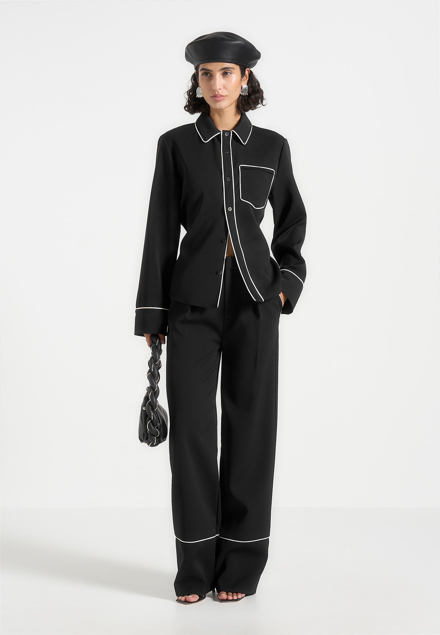 Black & White Backless Tie Shirt with Contrast Piping | Elegant Cropped Top