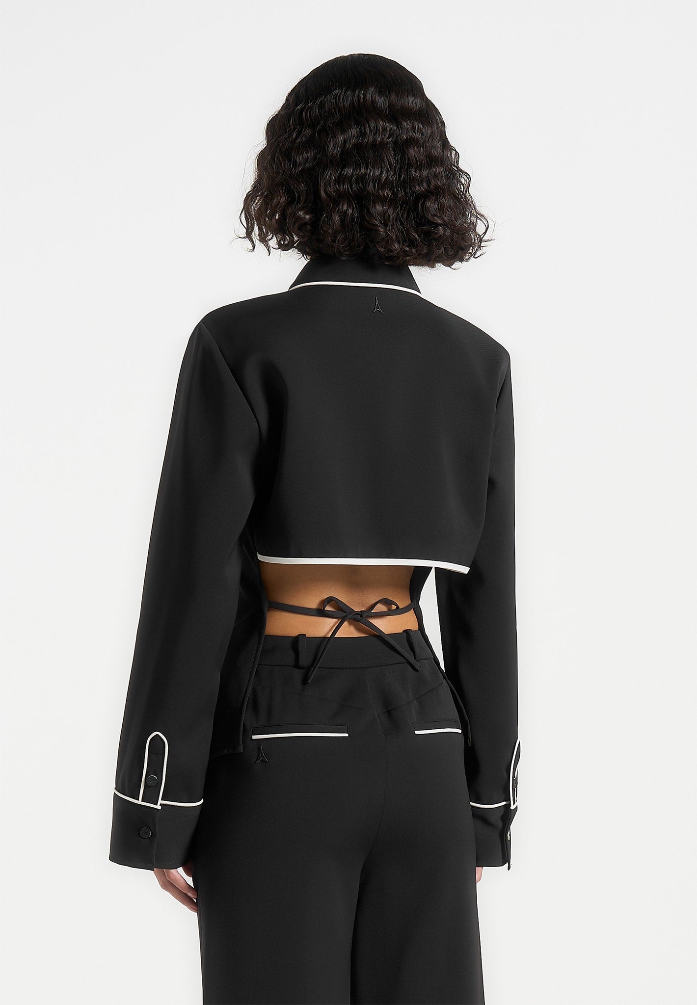 Black & White Backless Tie Shirt with Contrast Piping | Elegant Cropped Top