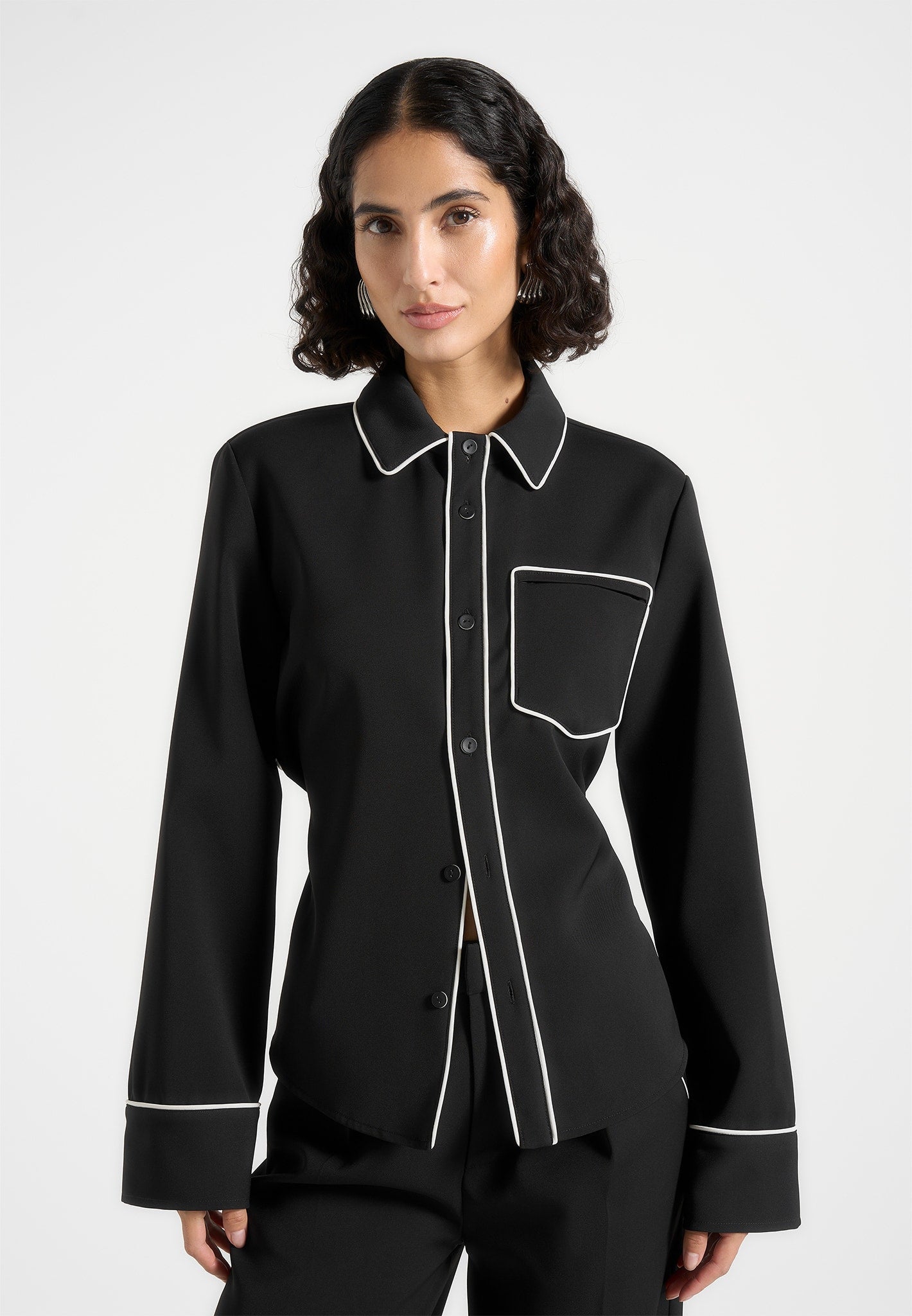 Black & White Backless Tie Shirt with Contrast Piping | Elegant Cropped Top