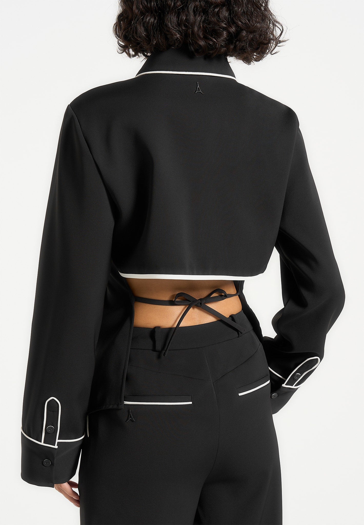 Black & White Backless Tie Shirt with Contrast Piping | Elegant Cropped Top
