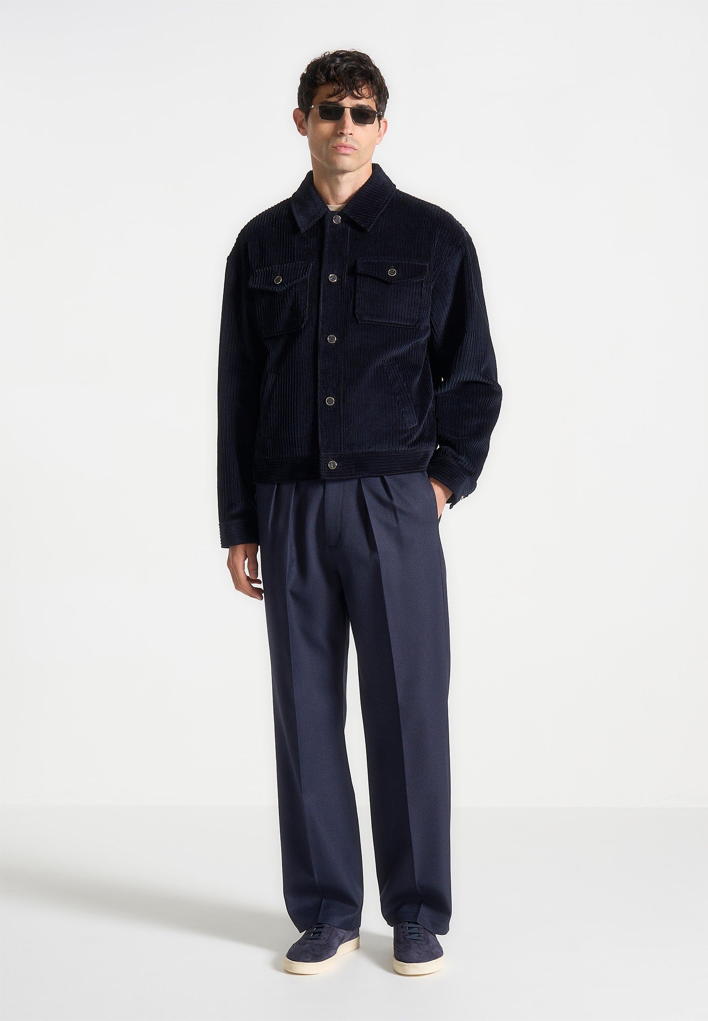 Navy Corduroy Trucker Jacket with Adjustable Cuffs | Manière De Voir