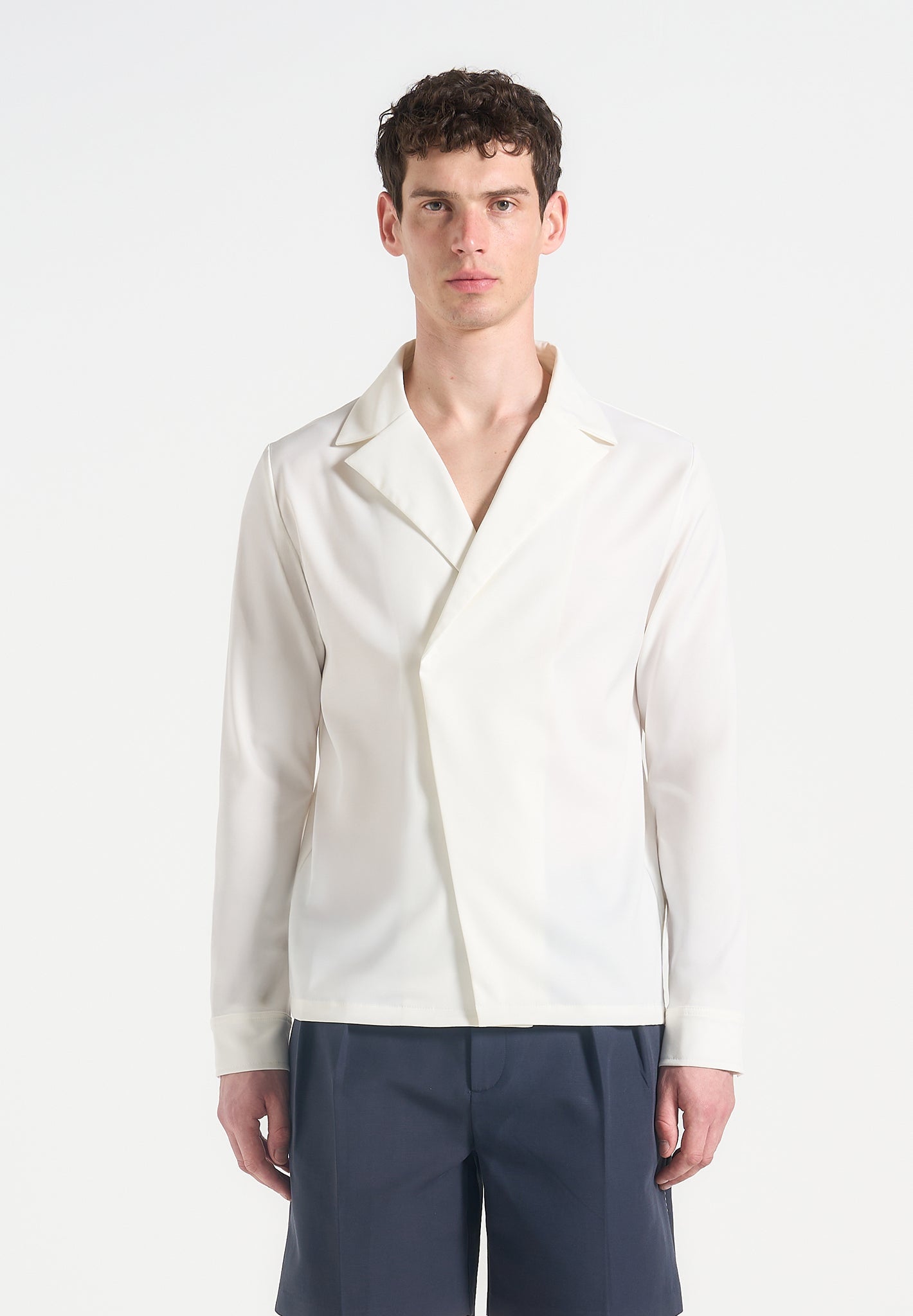 White Satin Double Breasted Shirt with Concealed Closure | Alban