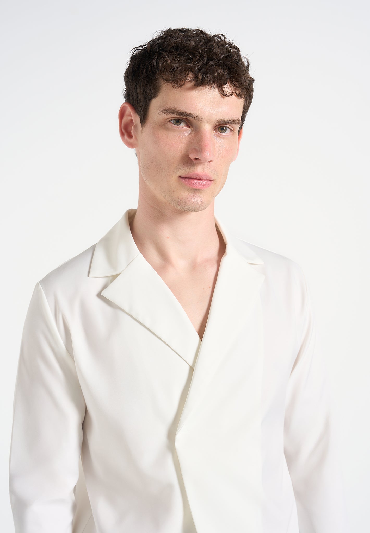 White Satin Double Breasted Shirt with Concealed Closure | Alban