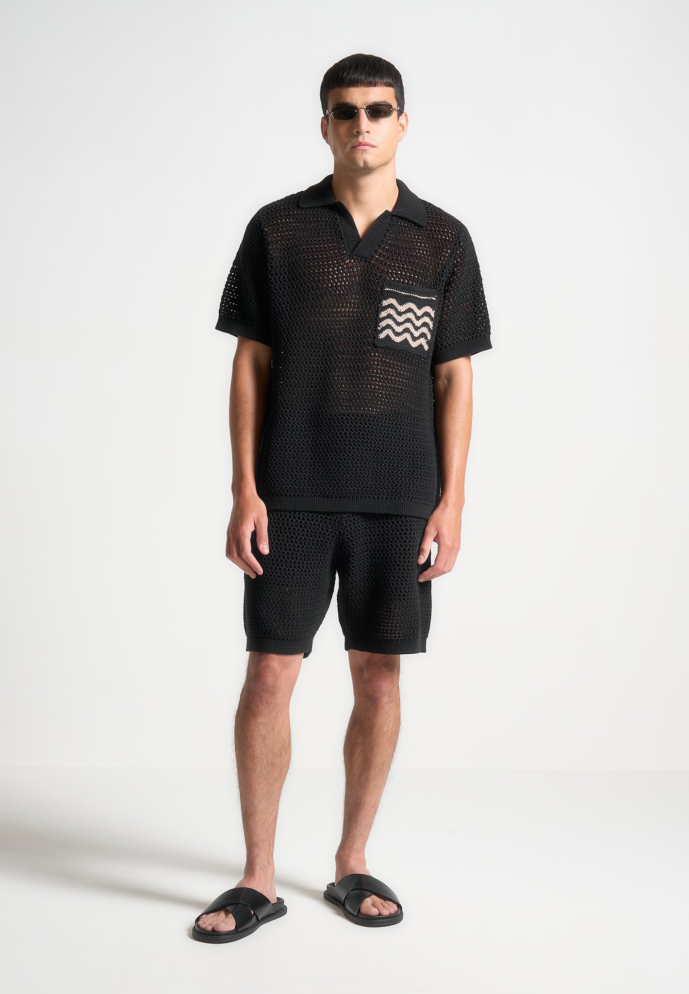 Crochet Knit Polo Shirt for Men - Breathable Black Cotton | Manière De Voir