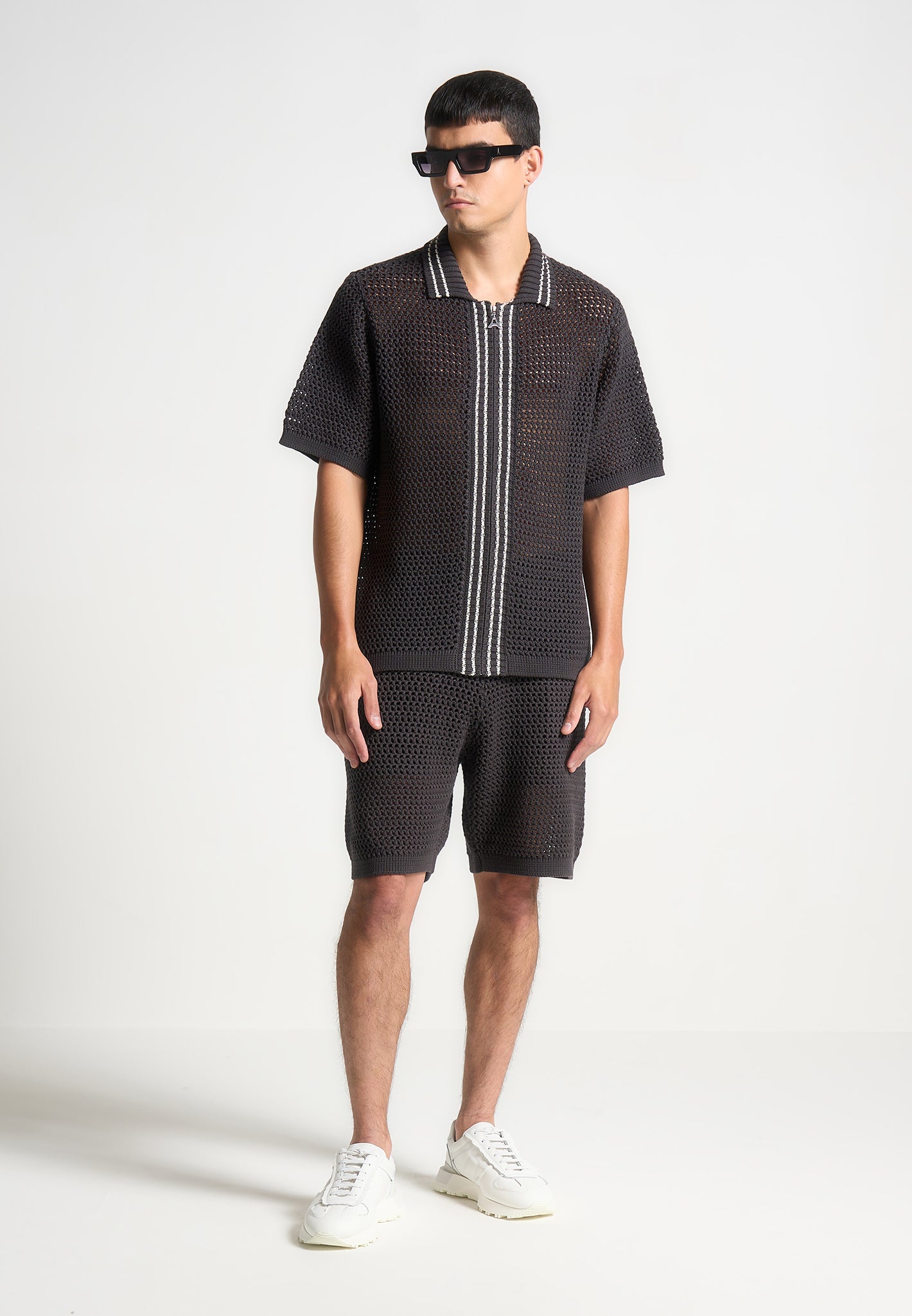 Crochet Knit Zip Shirt with Stripe Detail | Charcoal Grey & Silver Eiffel