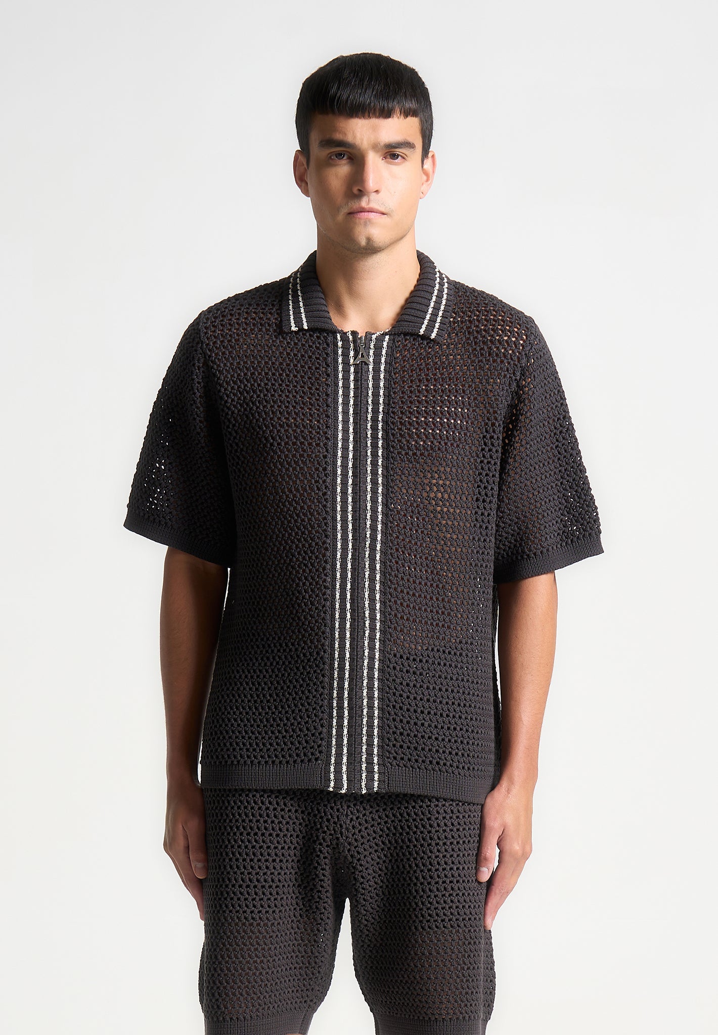 Crochet Knit Zip Shirt with Stripe Detail | Charcoal Grey & Silver Eiffel