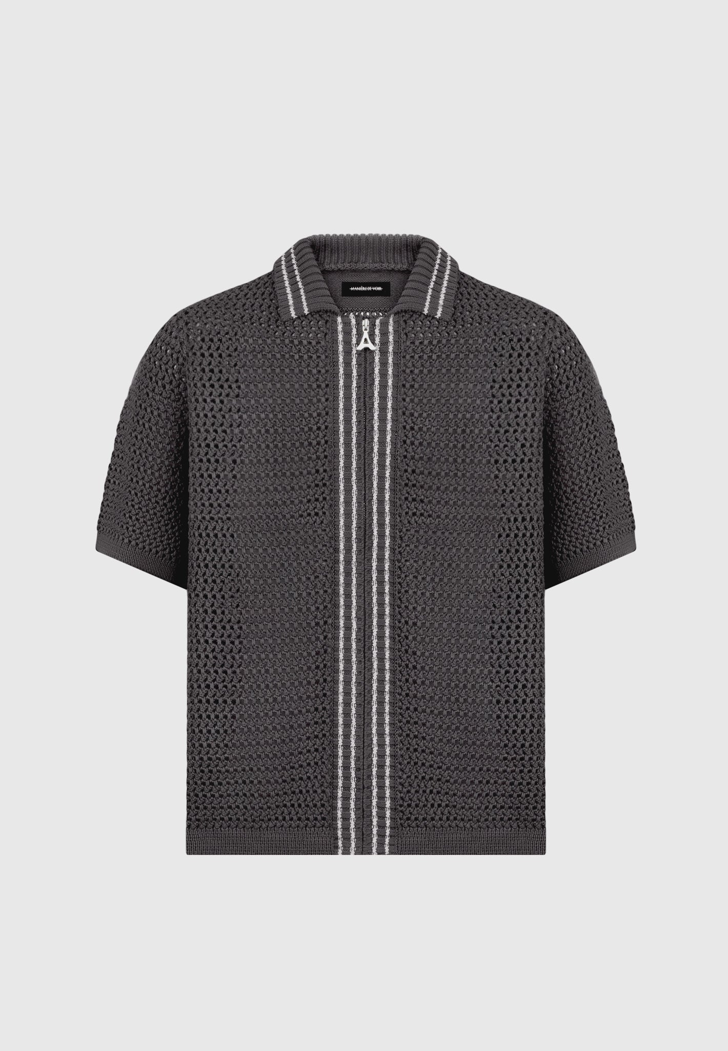 Crochet Knit Zip Shirt with Stripe Detail | Charcoal Grey & Silver Eiffel