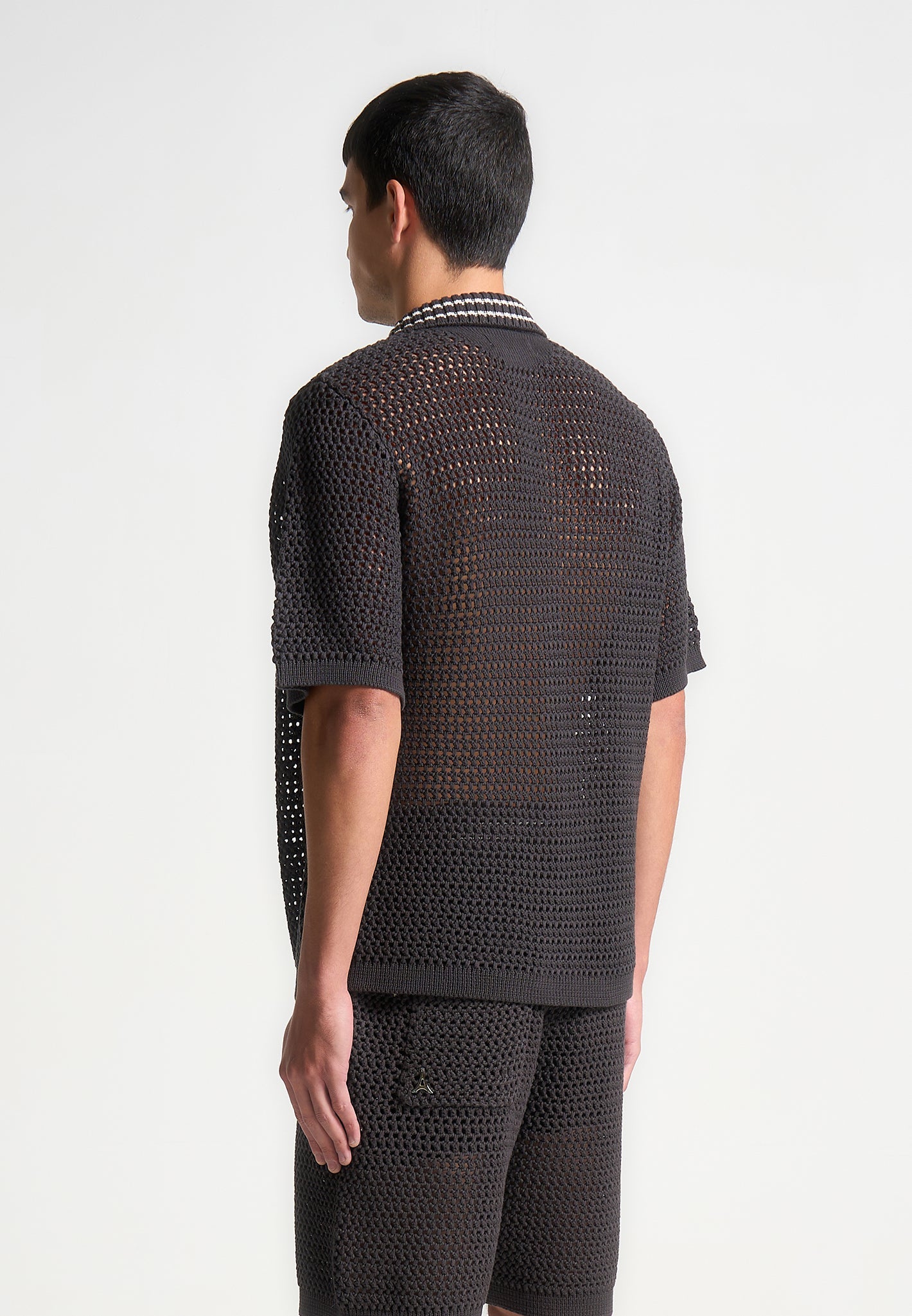 Crochet Knit Zip Shirt with Stripe Detail | Charcoal Grey & Silver Eiffel