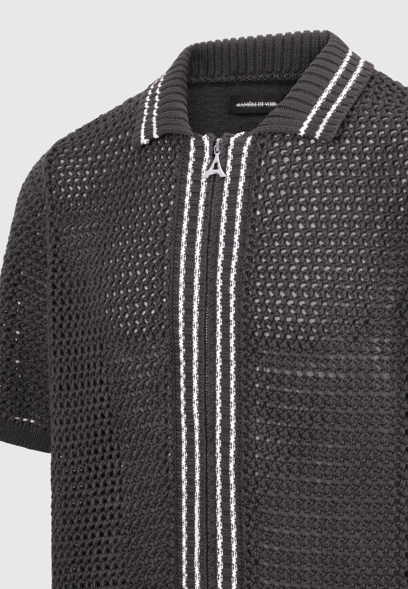 Crochet Knit Zip Shirt with Stripe Detail | Charcoal Grey & Silver Eiffel