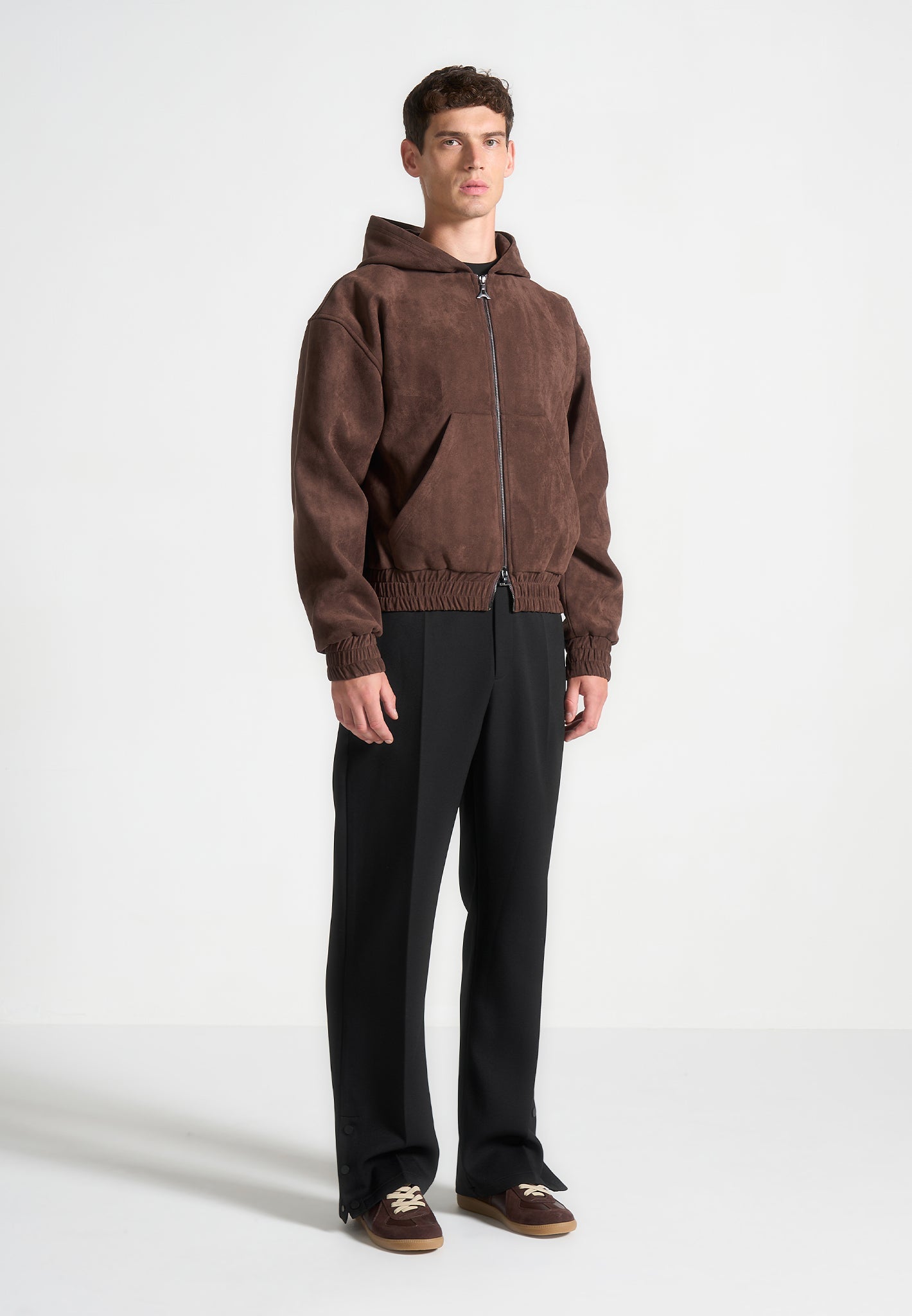 Brown Cropped Suede Hoodie with Elastic Waistband | Manière De Voir
