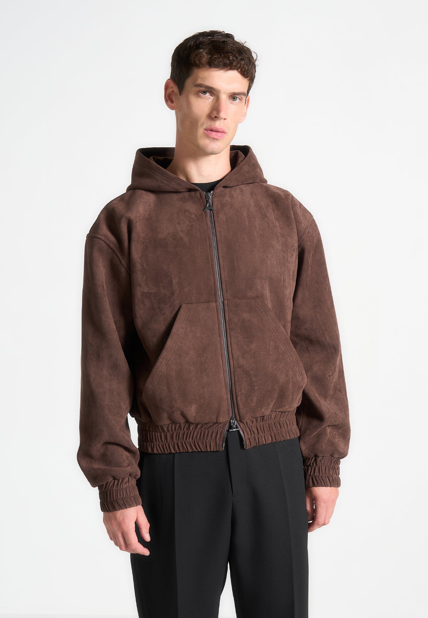 Brown Cropped Suede Hoodie with Elastic Waistband | Manière De Voir
