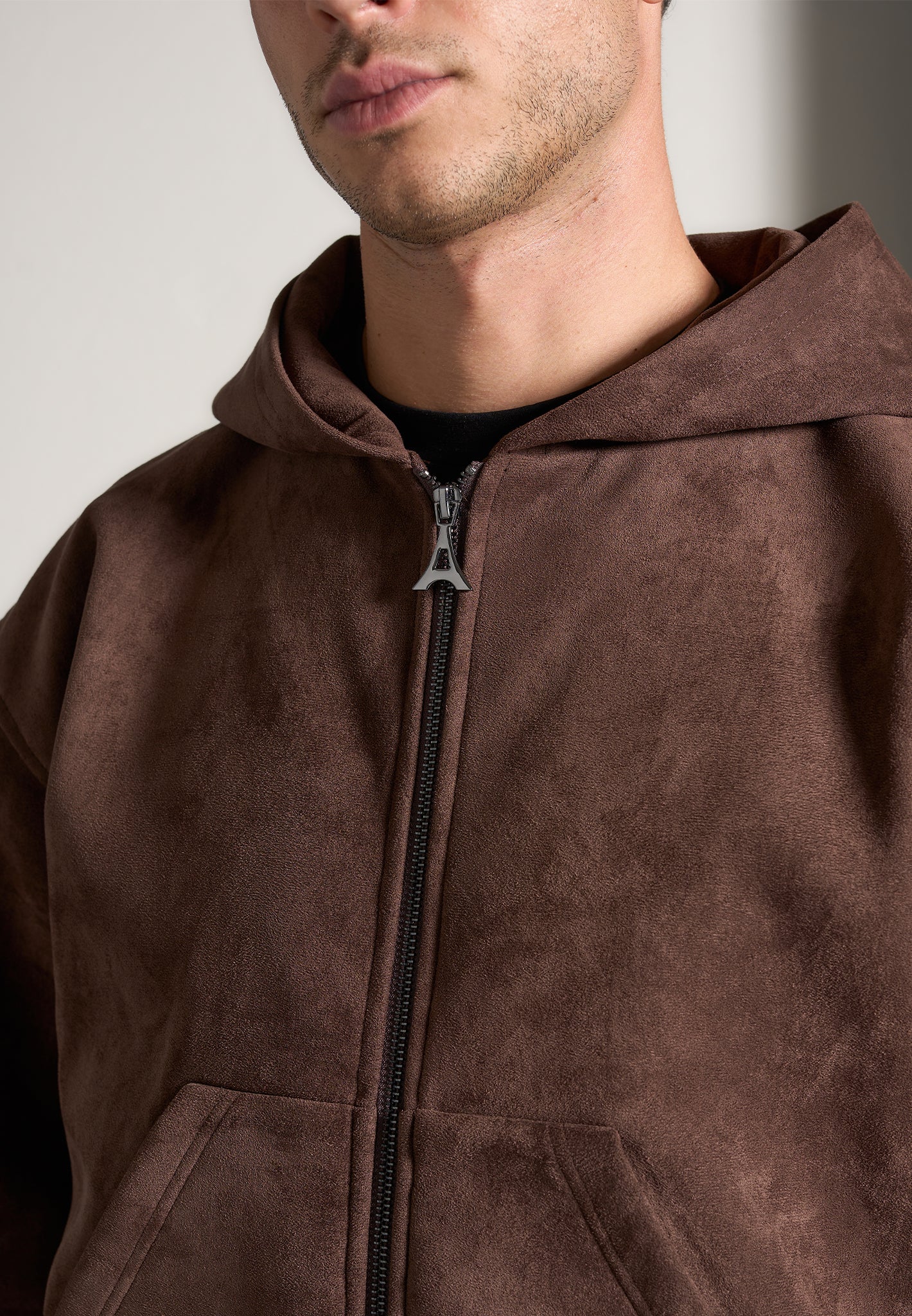 Brown Cropped Suede Hoodie with Elastic Waistband | Manière De Voir
