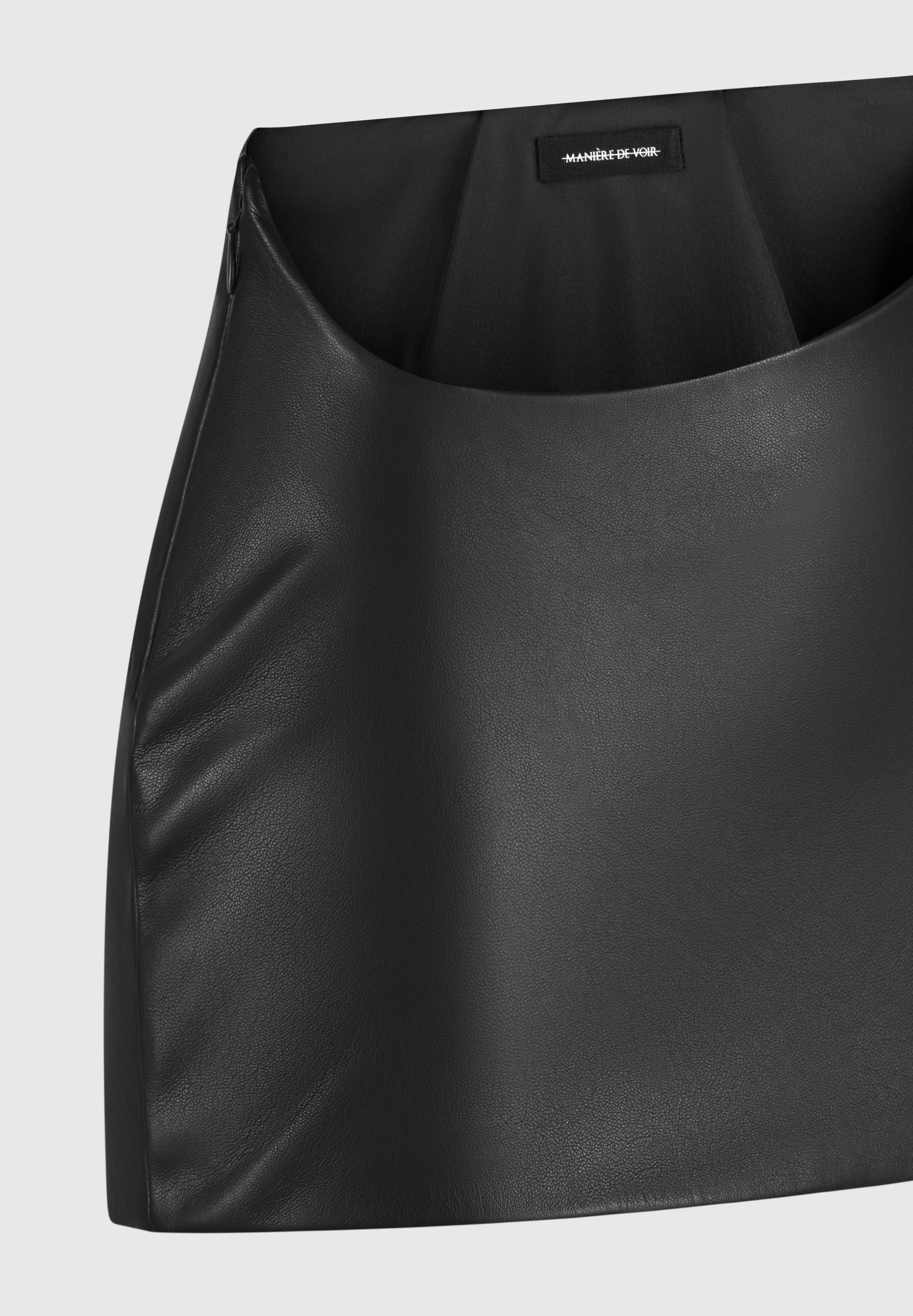 Vegan Leather Mini Skirt with Curved Waist & Side Zip | Black