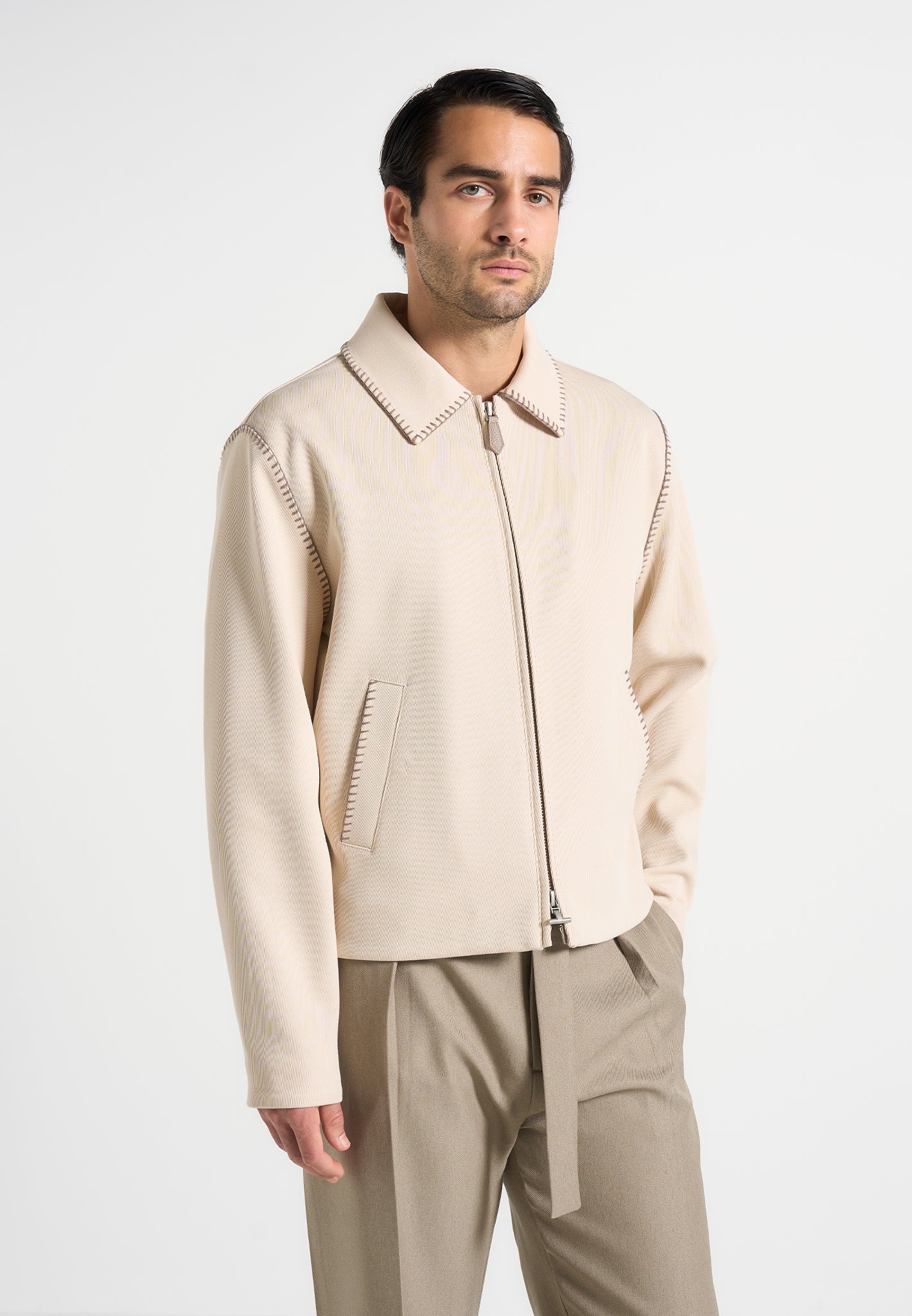Whipstitch Twill Boxy Jacket with Satin Lining | Alex - Cream