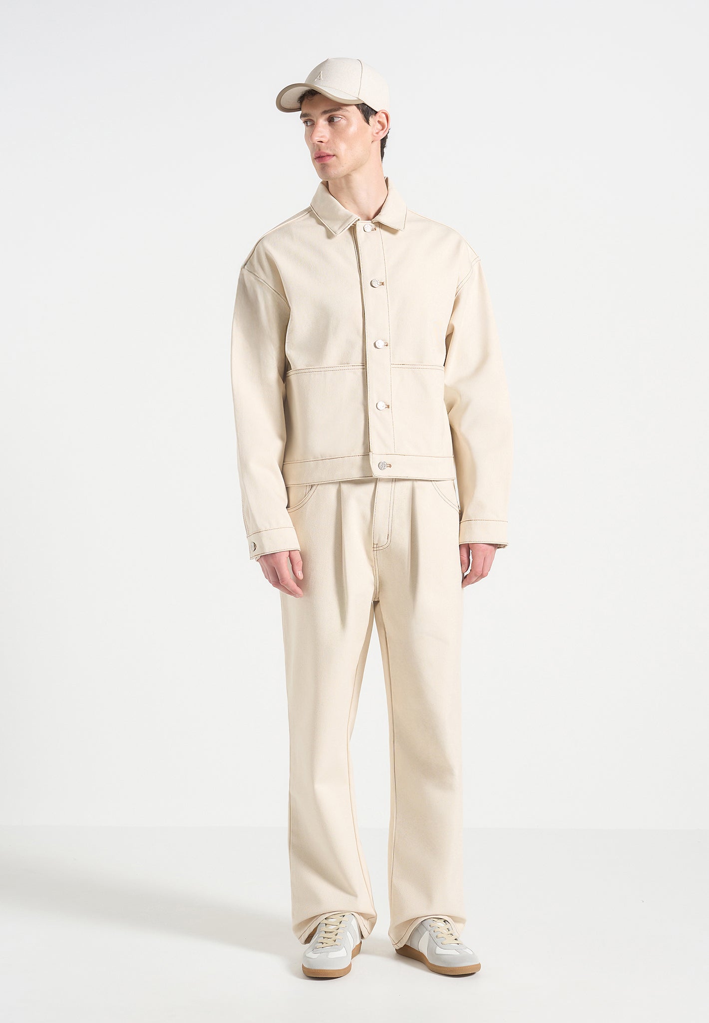 Cream Denim Jacket with Back Pleat & Triangular Panelling | Damien