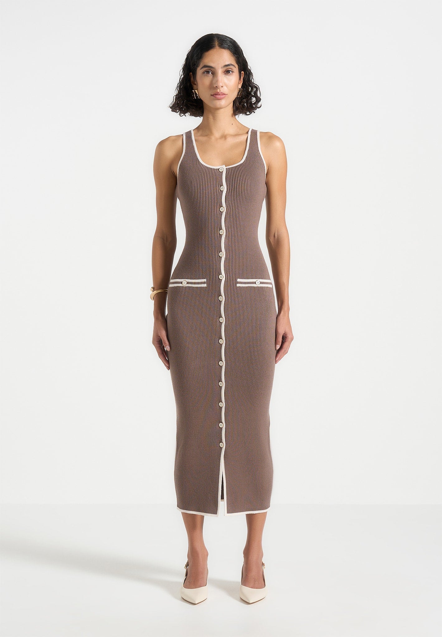 Rib Knit Midi Dress with Contrast Piping & Button Front | Daphne ...