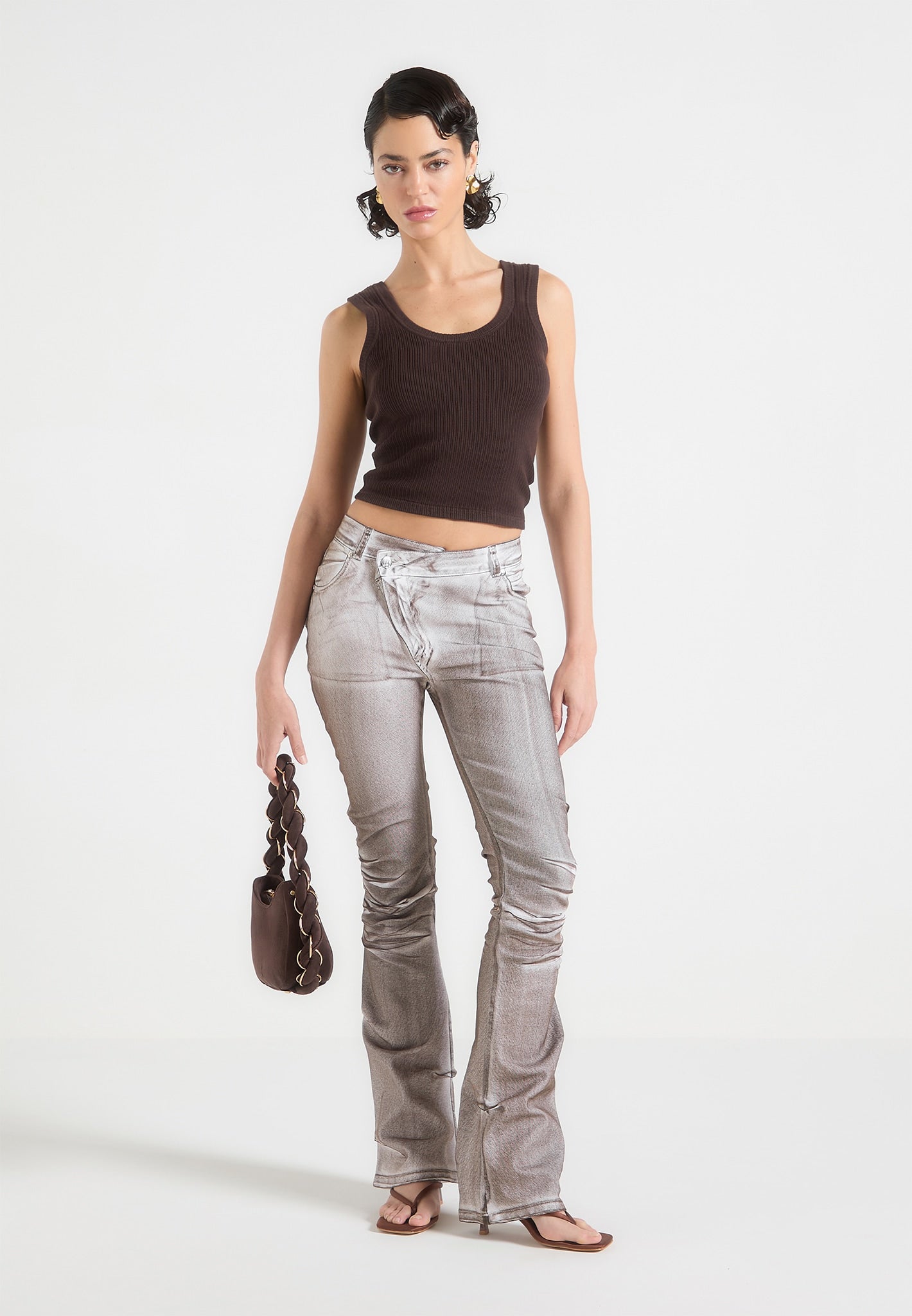 Brown/White Denim Effect Fit & Flare Jeans with Tacked Detail | Manière De Voir