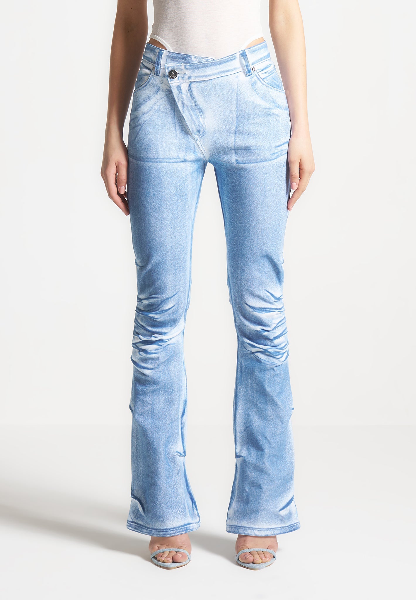 White & Blue Denim Flare Jeans with Tacked Detailing | Manière De Voir