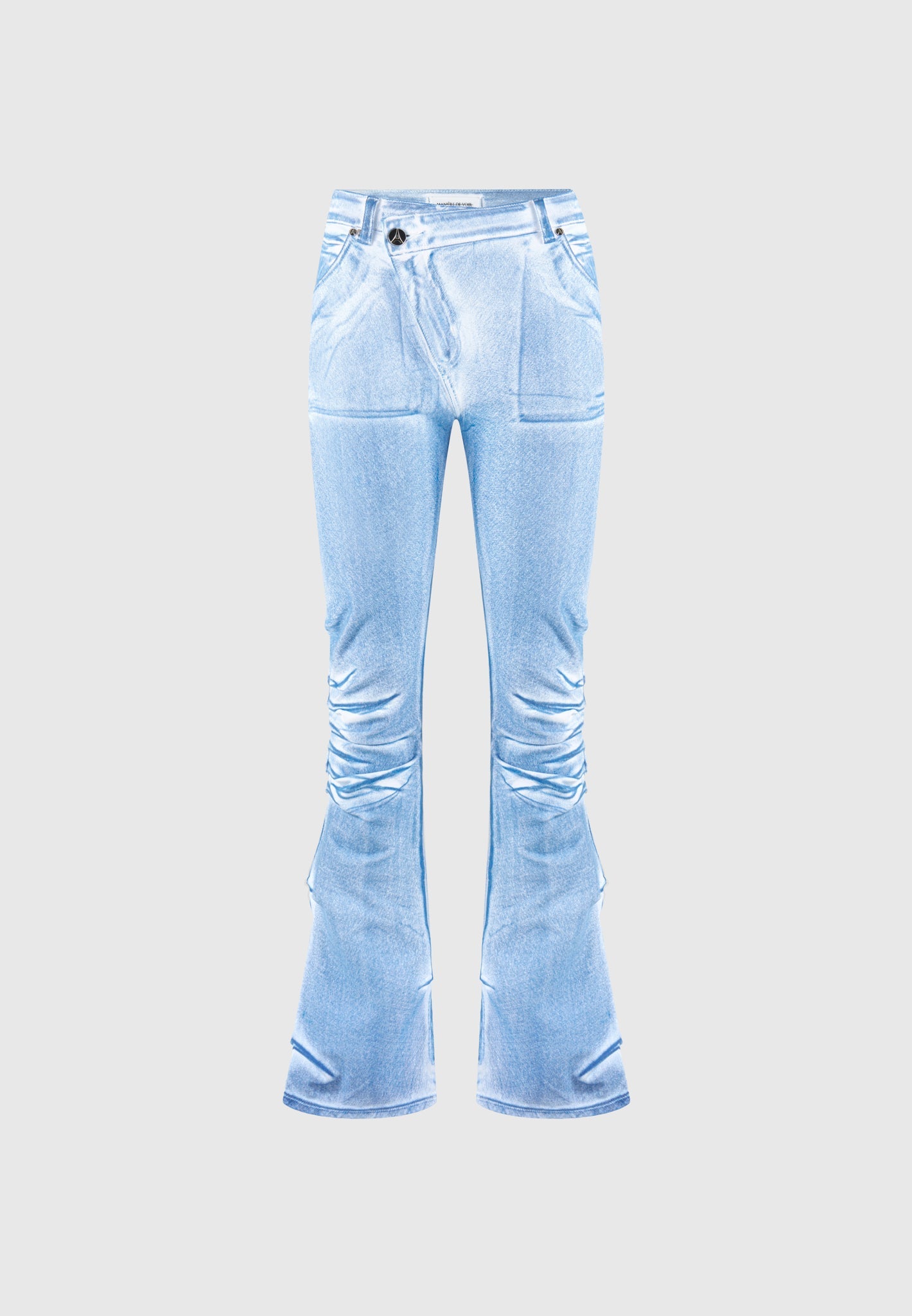 White & Blue Denim Flare Jeans with Tacked Detailing | Manière De Voir